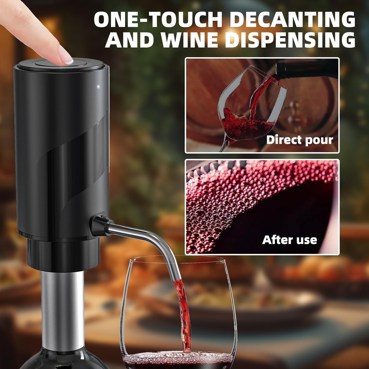 Rechargeable Wine aerator Electric Wine Decanter, Automatic Wine Dispenser withStorage Base,Two Modes:long press to continuously Dispense wine/single press to Dispense75ml of Wine