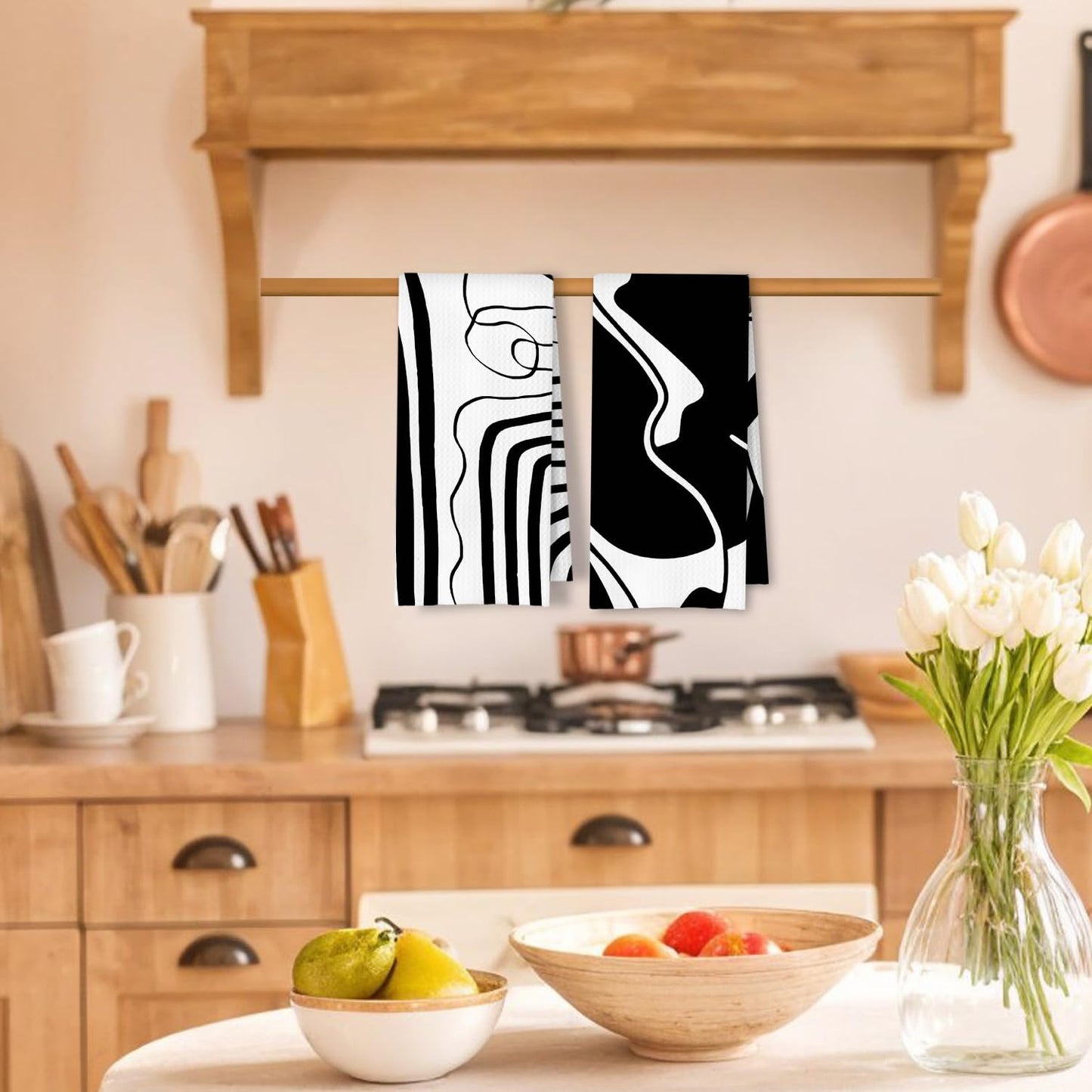 Beige and Black Moroccan Kitchen Towels, Boho Abstract Dish Tea Towels for Kitchen Decor, Retro Mid Century Modern Hand Towel for Bathroom Decor, 16x24 Inches