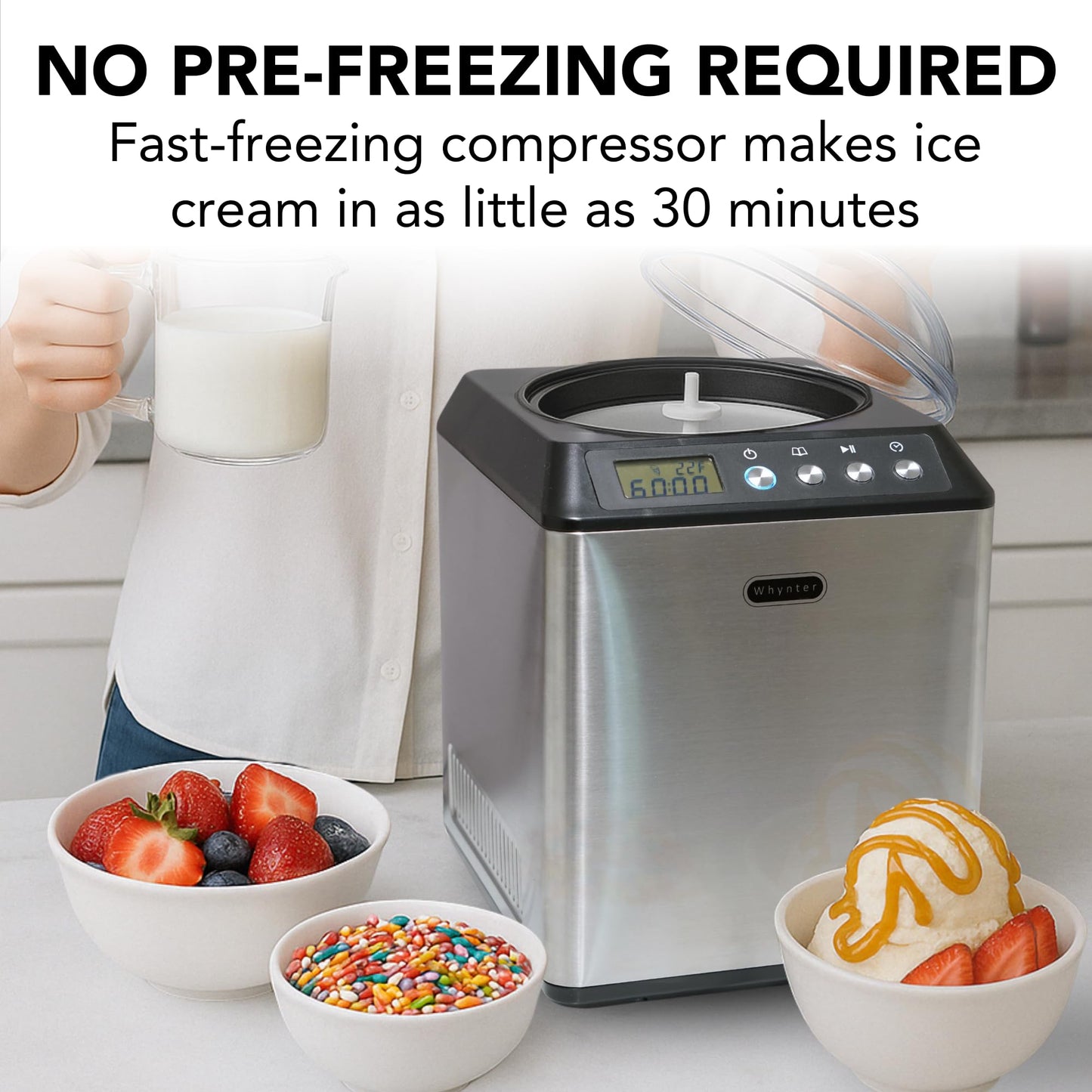 Whynter Ice Cream Maker Machine Automatic 1.28 Qt Upright with Built-In Compressor, LCD Digital Display & Timer, No Pre-Freezing, ICM-128BPS, Black/Pink