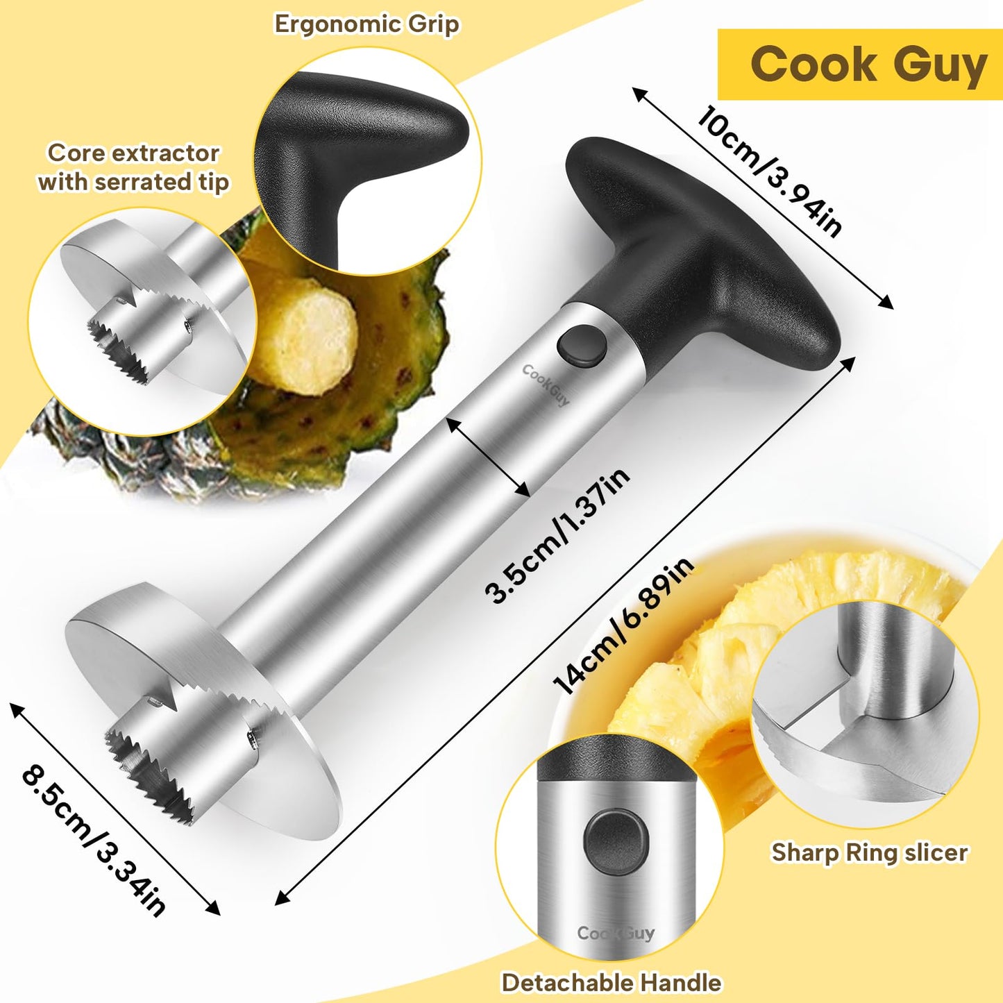 Cook Guy Hollow Handle Pineapple Corer and Slicer Set - Features Reinforced Stainless Steel Pineapple Cutter and Fruit Knife - Effortless Core Removal and Slicing Tool