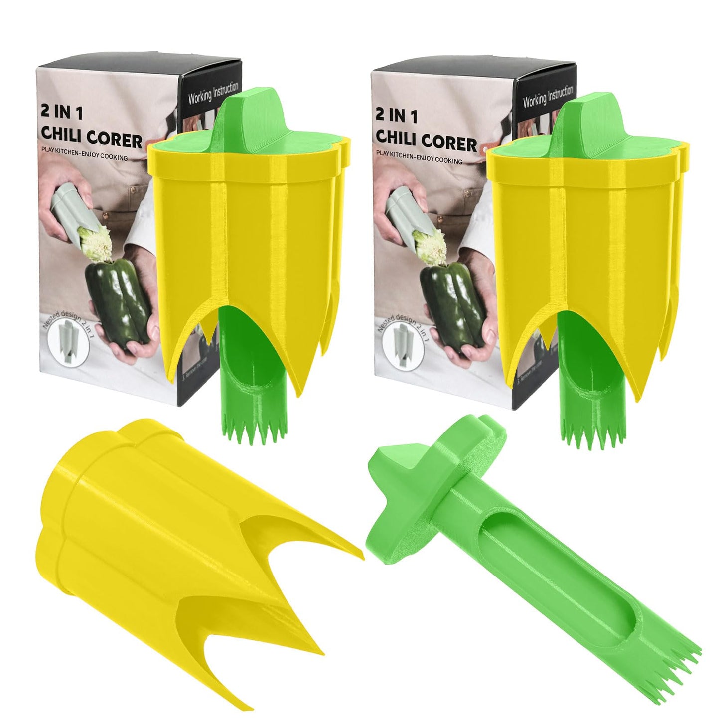 Pepper Corer, 2 in 1 Red Bell Pepper Seed Corer Remover Tool, Fruit & Vegetable Corers Quick Cave Tools for Jalapeno Cutter Deseeder, Blue Yellow, 3 PCS