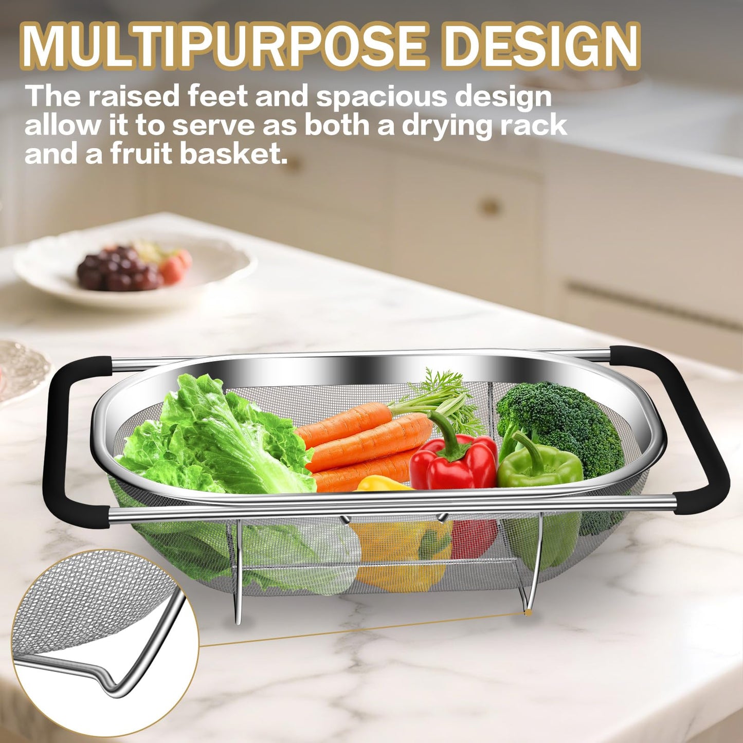 Over the Sink Colander - Strainers and Colanders - Stainless Steel Strainer - Expandable Sink Colander with Rubber Grip for Strain, Drain, Rinse Fruits, Vegetables, Home Kitchen Essentials