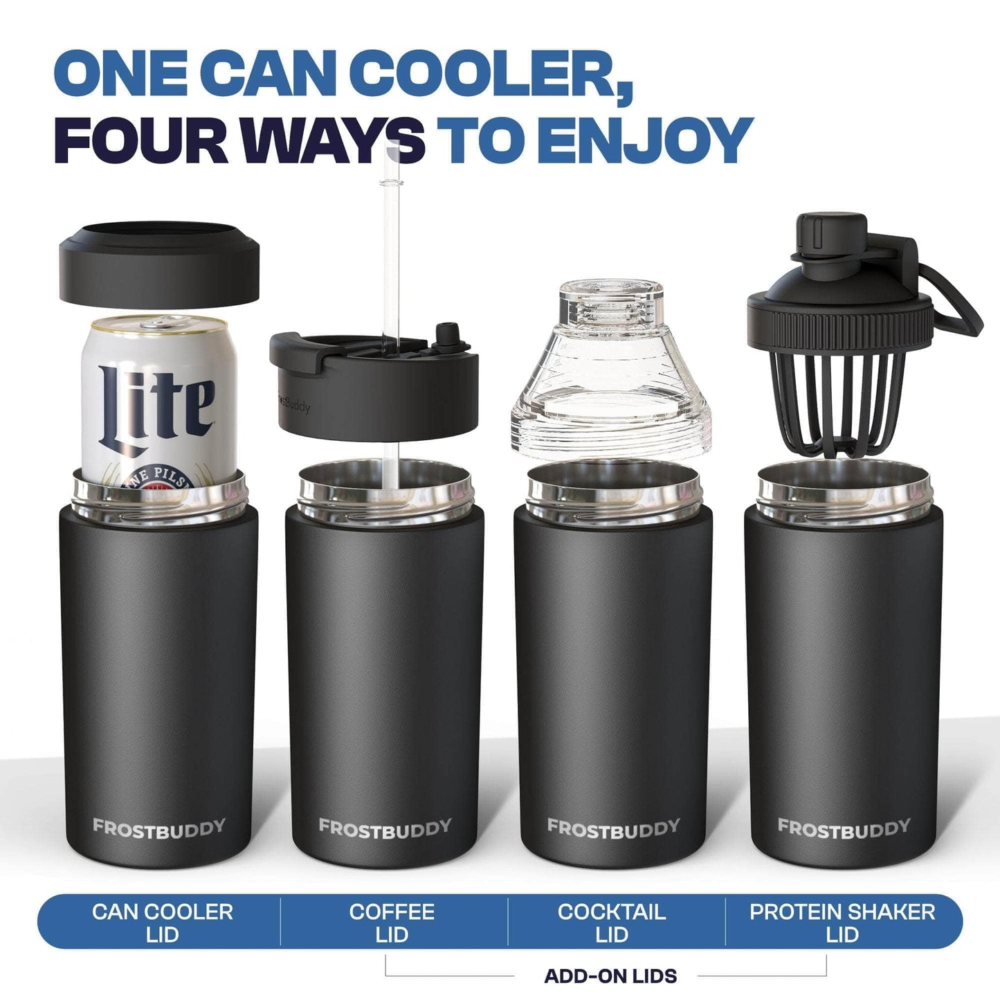 Frost Buddy Universal Buddy Can Cooler - Fits All - For Regular 12 & 16 oz or Slim-Size Bottles - Insulated Double -Walled Stainless Steel (All white)