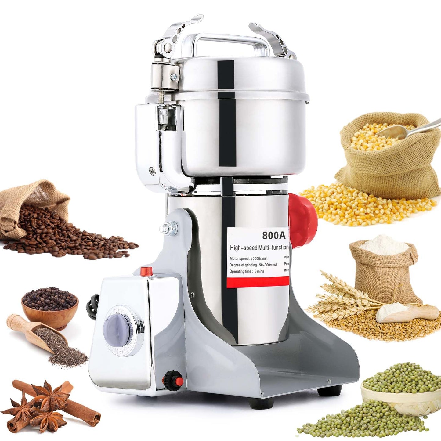 Electric Grain Mill Grinder 800g Stainless Steel Pulverizer 36000r/min High-speed Grain Mill 1800W Dry Material Grinding Machine 270° swingable Superfine powder for Home and Commercial