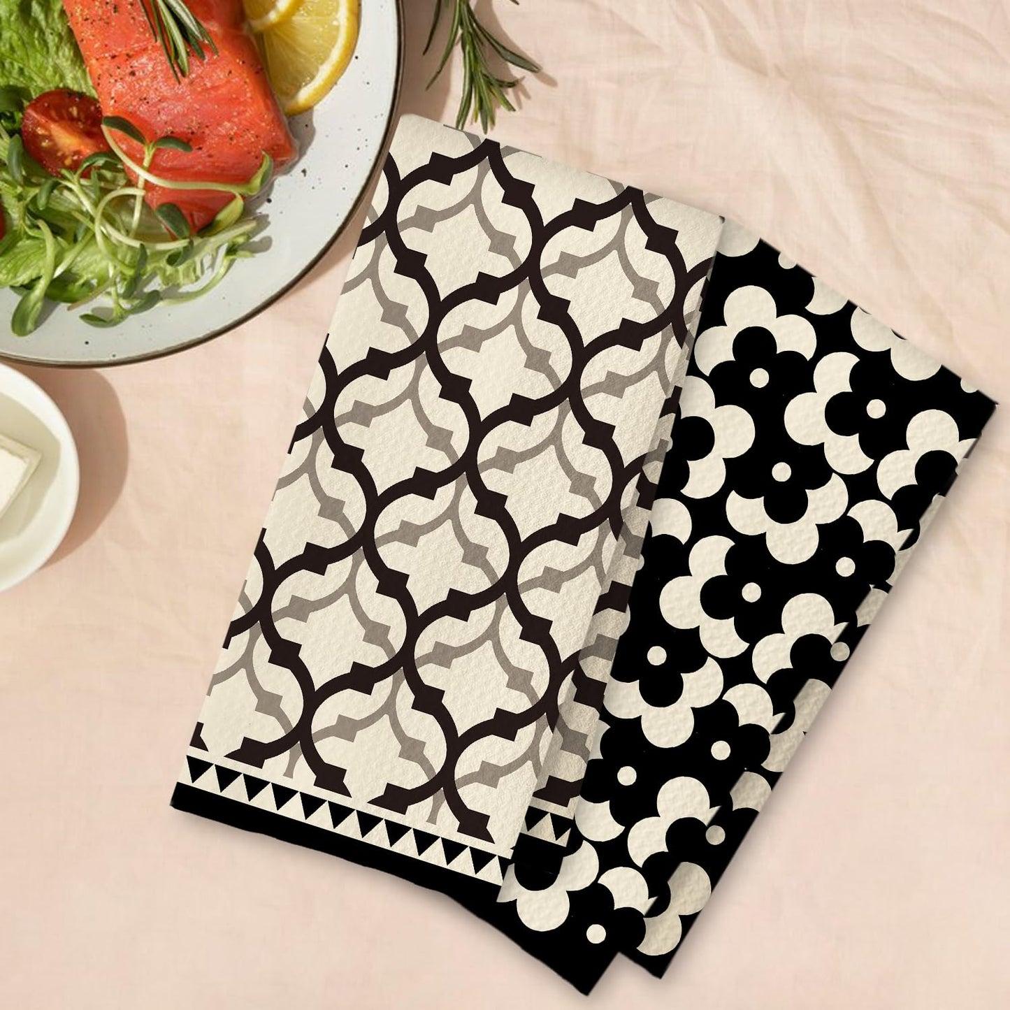 Beige and Black Moroccan Kitchen Towels, Boho Abstract Dish Tea Towels for Kitchen Decor, Retro Mid Century Modern Hand Towel for Bathroom Decor, 16x24 Inches