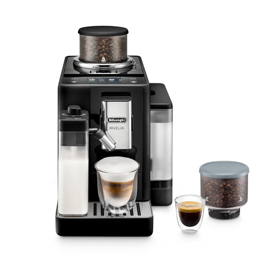 De'Longhi Rivelia Automatic Espresso Machine with Grinder & Milk Frother – All-in-One Coffee Maker, Hot & Iced Latte, Cappuccino, Bean Switch System, Burr Grinder, Compact Italian Design, Black