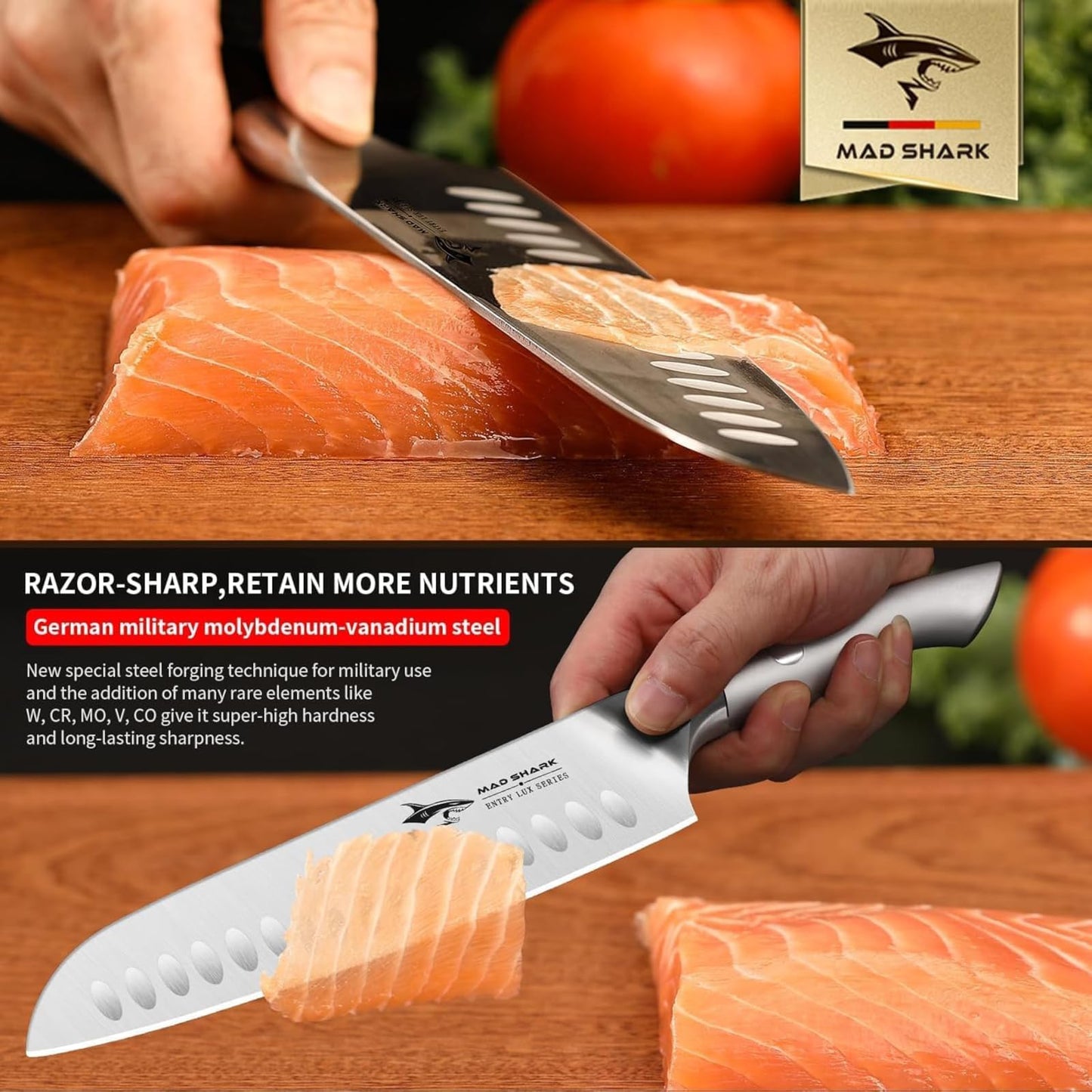 MAD SHARK 8 Inch Santoku Knife - Ultra Sharp Japanese Kitchen Knife, High Carbon German Steel, Ergonomic Handle - Ideal for Slicing, Dicing & Chopping - Unique Gift for Chefs, Men & Women (White)