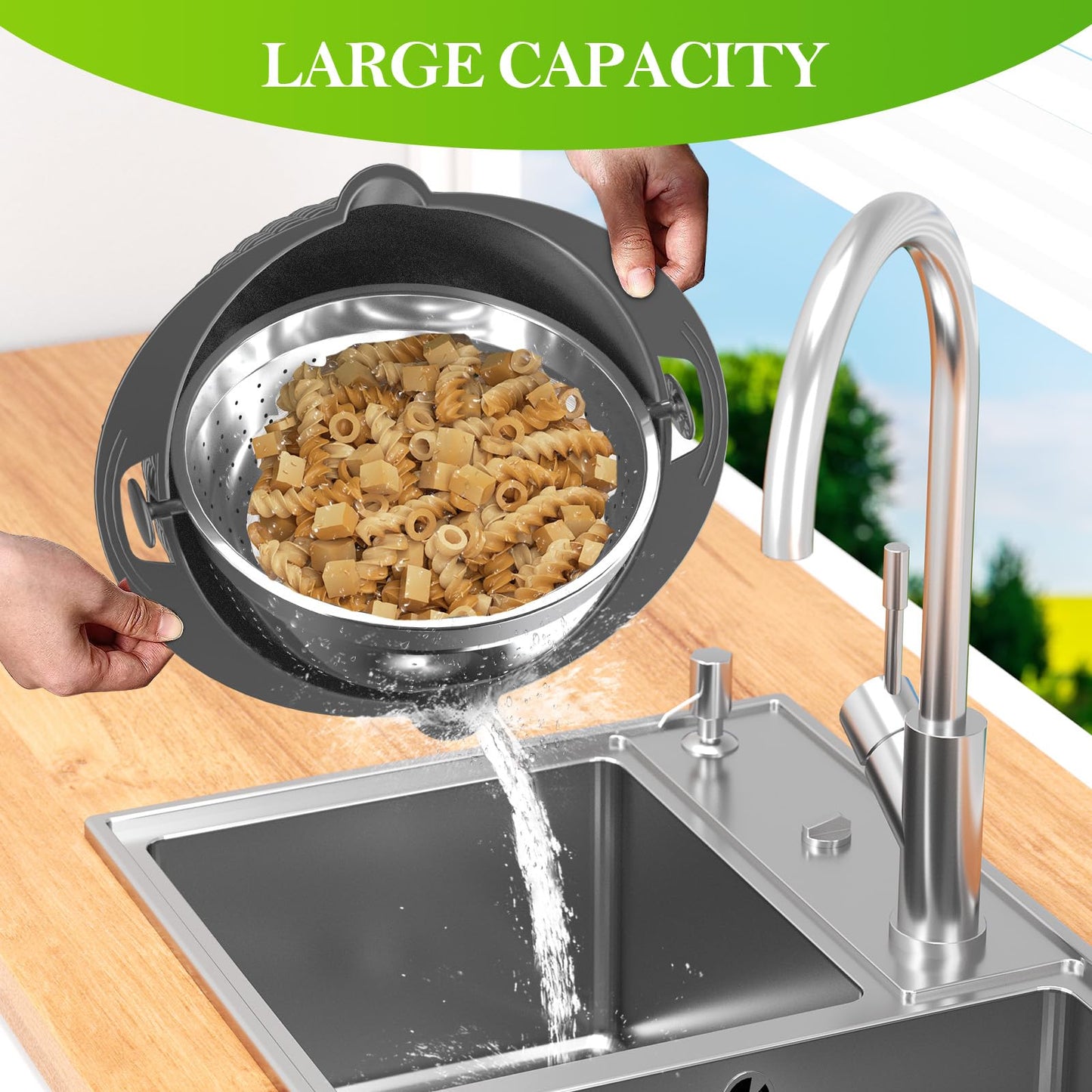 Over the Sink Colander - Strainers and Colanders - Stainless Steel Strainer - Expandable Sink Colander with Rubber Grip for Strain, Drain, Rinse Fruits, Vegetables, Home Kitchen Essentials