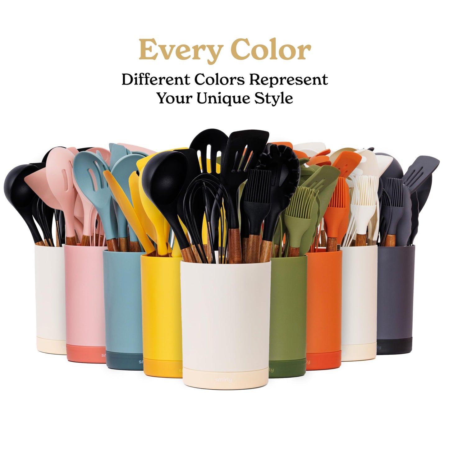 Silicone Kitchen Utensils Set & Holder: Cooking Utensils Set - Kitchen Essentials for New Home & 1st Apartment- Silicone Spatula Set, Cooking Spoons for Nonstick Cookware (Acacia Wood, Cream White)