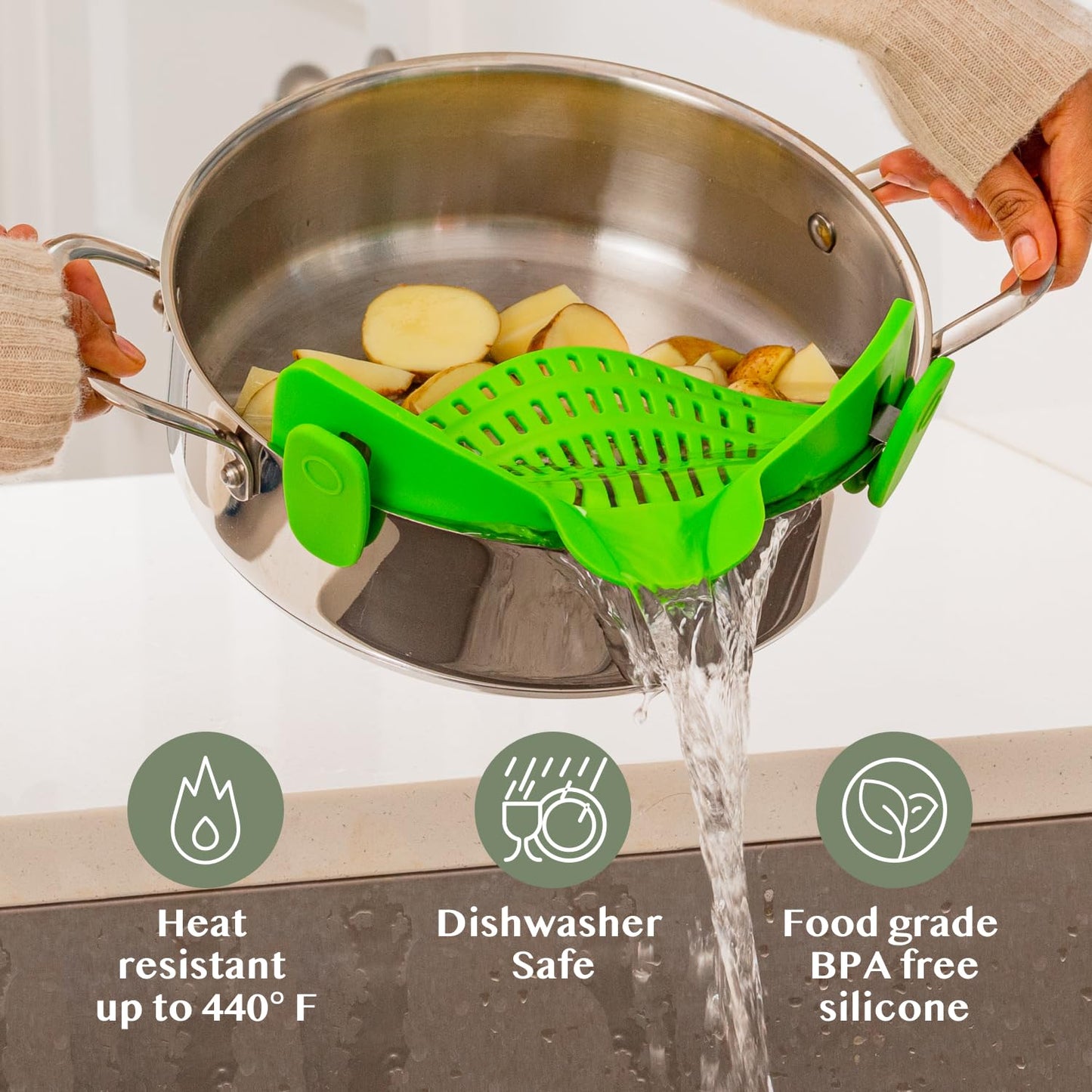 Kitchen Gizmo Snap N' Strain - Silicone Pasta Strainer Clip-On for Pots and Pans - Heat Resistant Colander for Vegetables and Noodles - Kitchen Gadgets for Cooking - Space-Saving Design - Gray