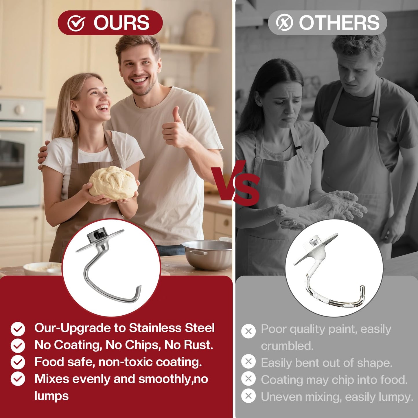 Stainless Steel Dough Hook for Kitchenaid 4.5-5 Qt Tilt-Head Mixers,Dishwasher Safe,Heavy-Duty Replacement K45DH for kitchen aid Dough Hook Attachment