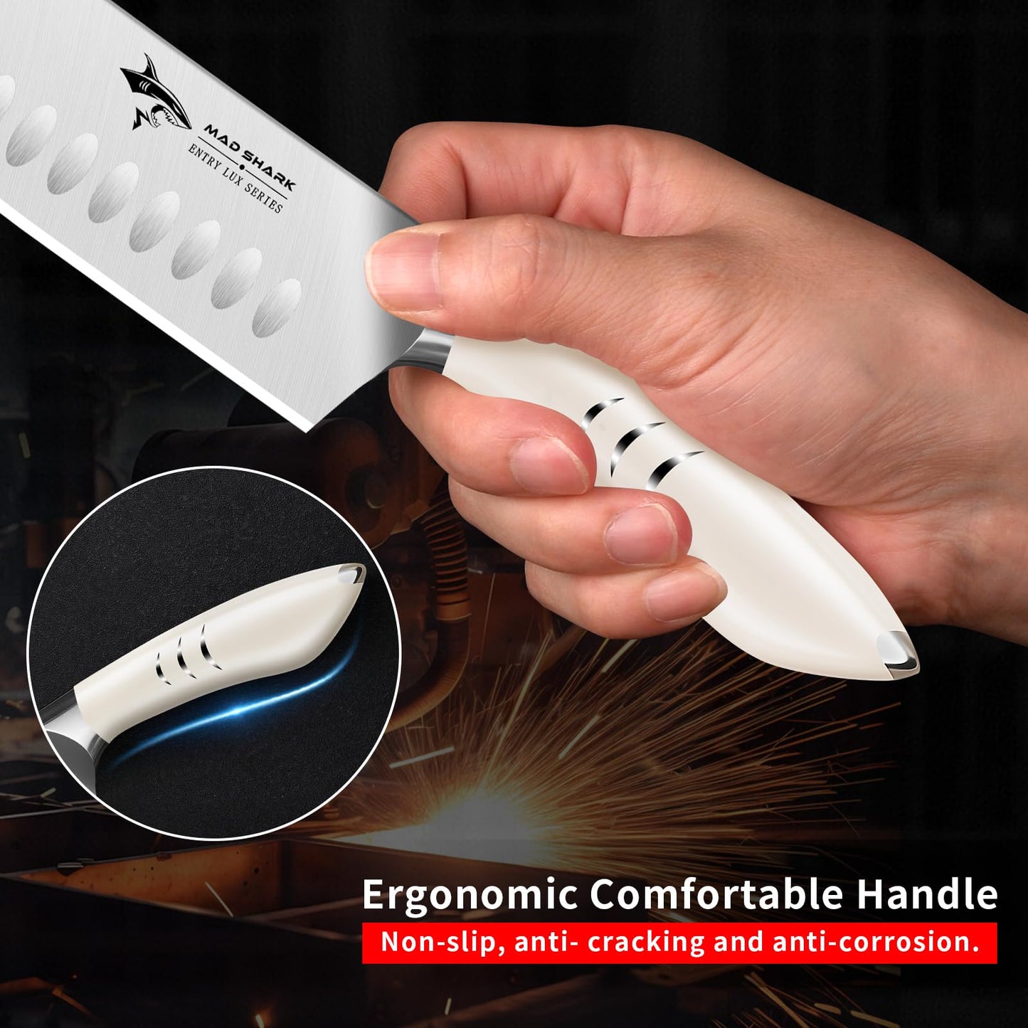 MAD SHARK 8 Inch Santoku Knife - Ultra Sharp Japanese Kitchen Knife, High Carbon German Steel, Ergonomic Handle - Ideal for Slicing, Dicing & Chopping - Unique Gift for Chefs, Men & Women (White)