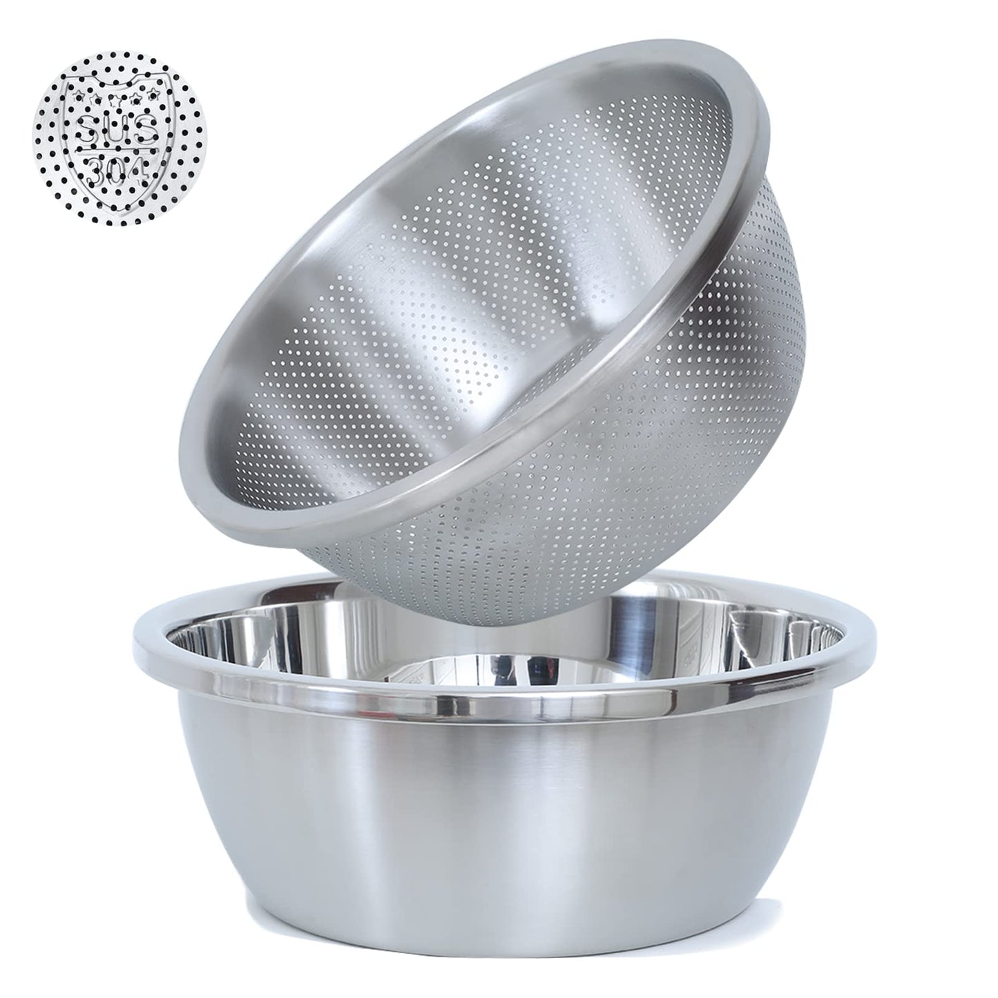 304 Stainless Steel Microporous Colander, 2.5QT Large Capacity with Mixing Bowl For washing vegetables, fruit and rice and for draining cooked pasta(2PC)