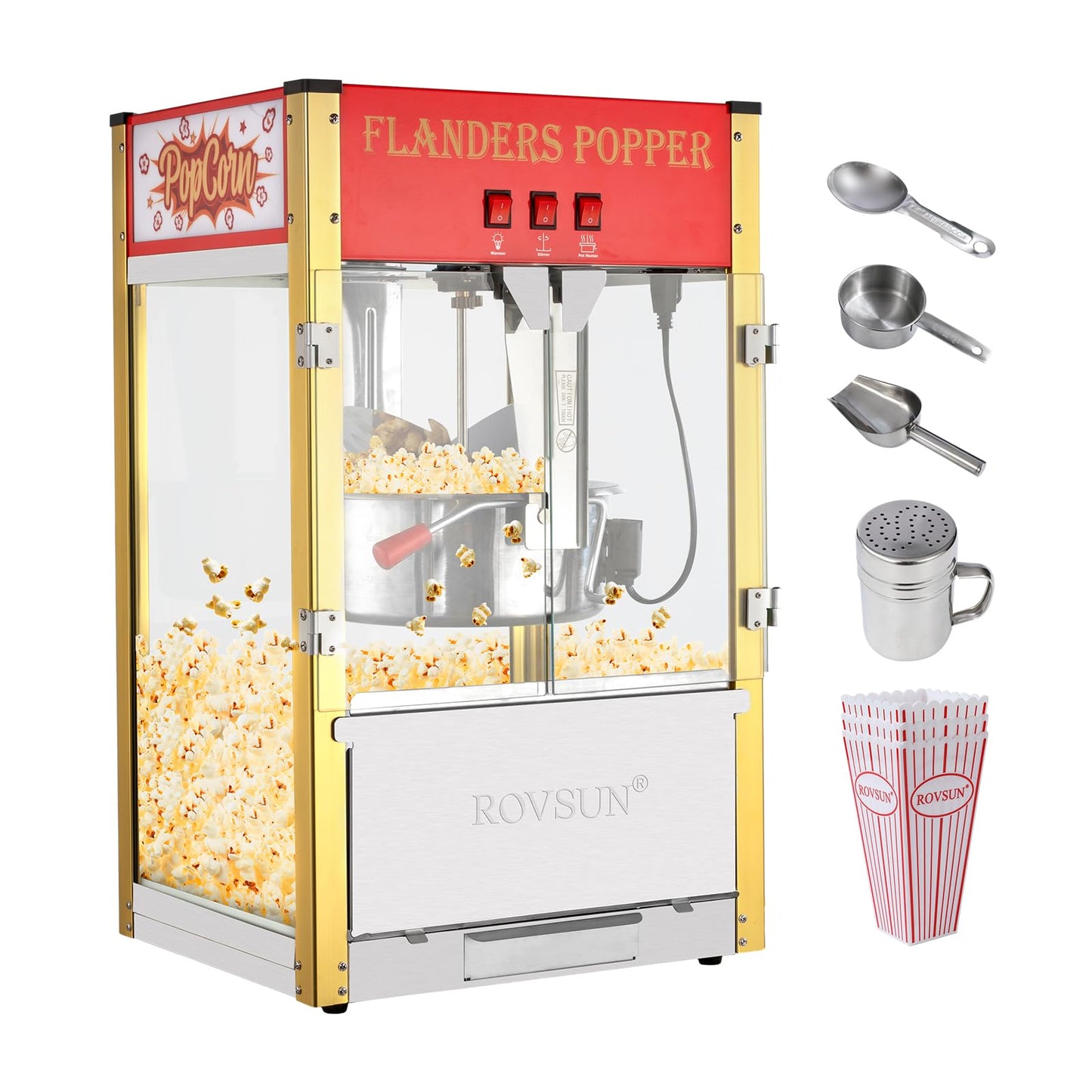 ROVSUN Popcorn Machine with 8 Ounce Kettle Makes Up to 32 Cups, Commercial Popcorn Machine Countertop Popcorn Maker w/Stainless Steel Scoop, Oil Spoon & 3 Popcorn Cups for Home Movie Theater, ETL