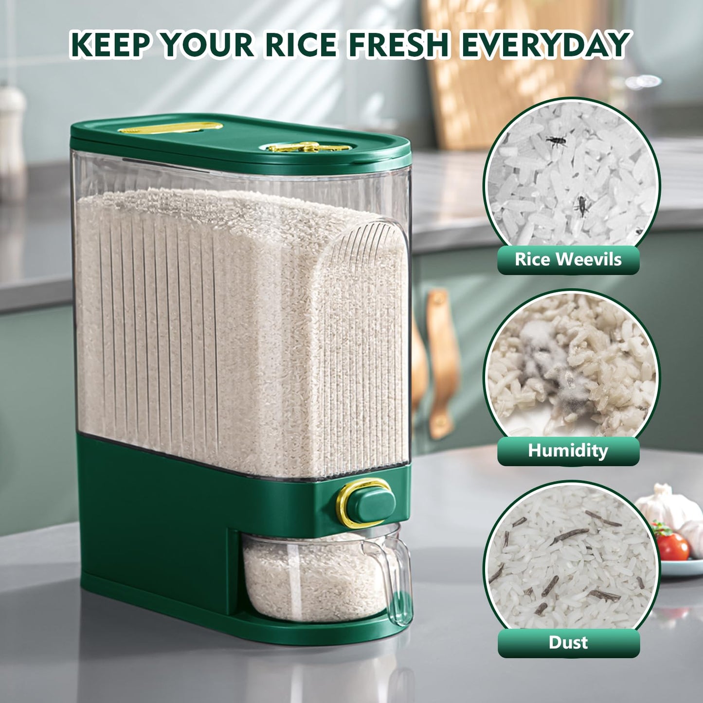 22-25 Lbs Rice Dispenser, Large Cereal Dry Food Storage Containers with Measuring Cup,BPA-Free Household for Kitchen Pantry Organization-Blue