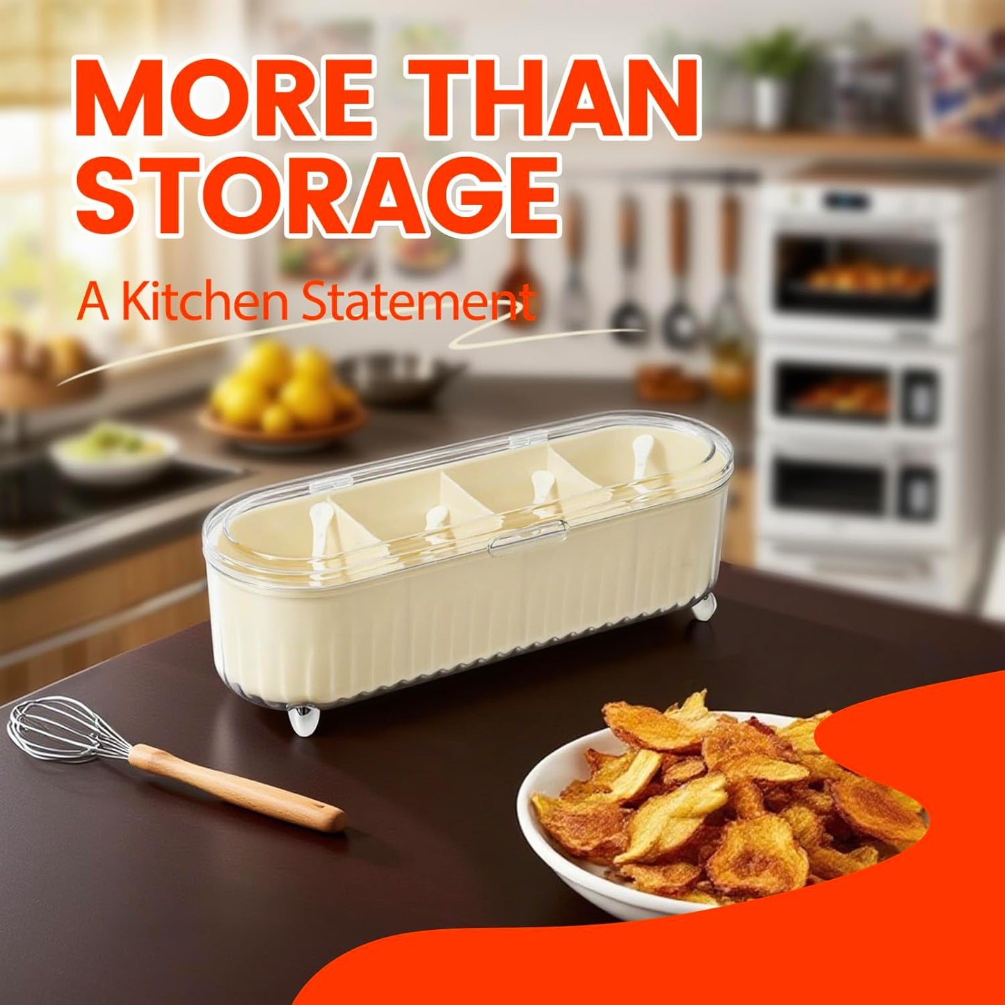 Clear Seasoning Box with 4 Compartments - Spice Organizer with Lids and Spoons - Condiment Container Set for Salt, Sugar, Pepper, and More - Countertop Spice Storage