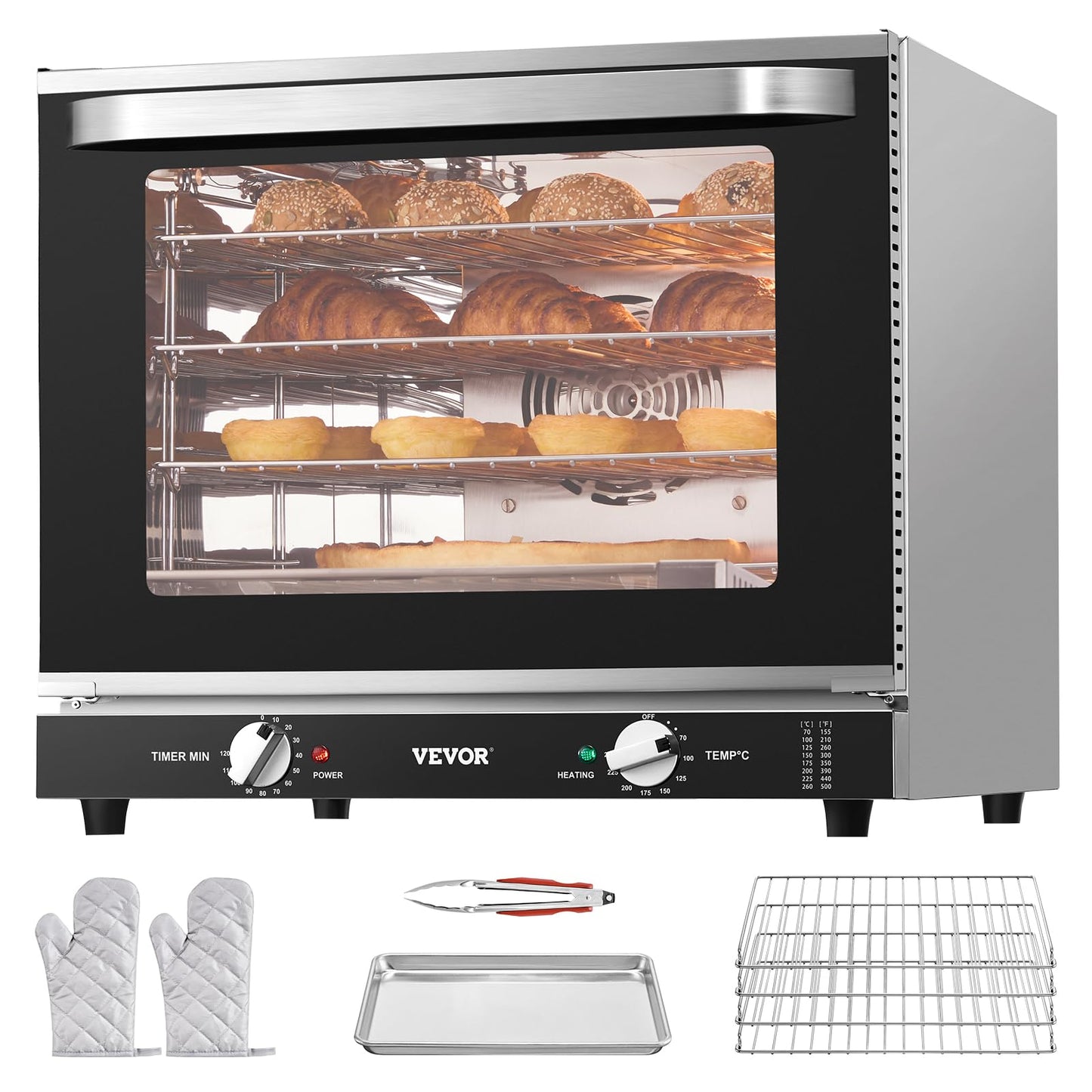 VEVOR Commercial Convection Oven, 21L/19Qt, Quarter-Size Conventional Oven Countertop, 1440W 3-Tier Toaster w/Front Glass Door, Electric Baking Oven w/Trays Wire Racks Clip Gloves, 120V