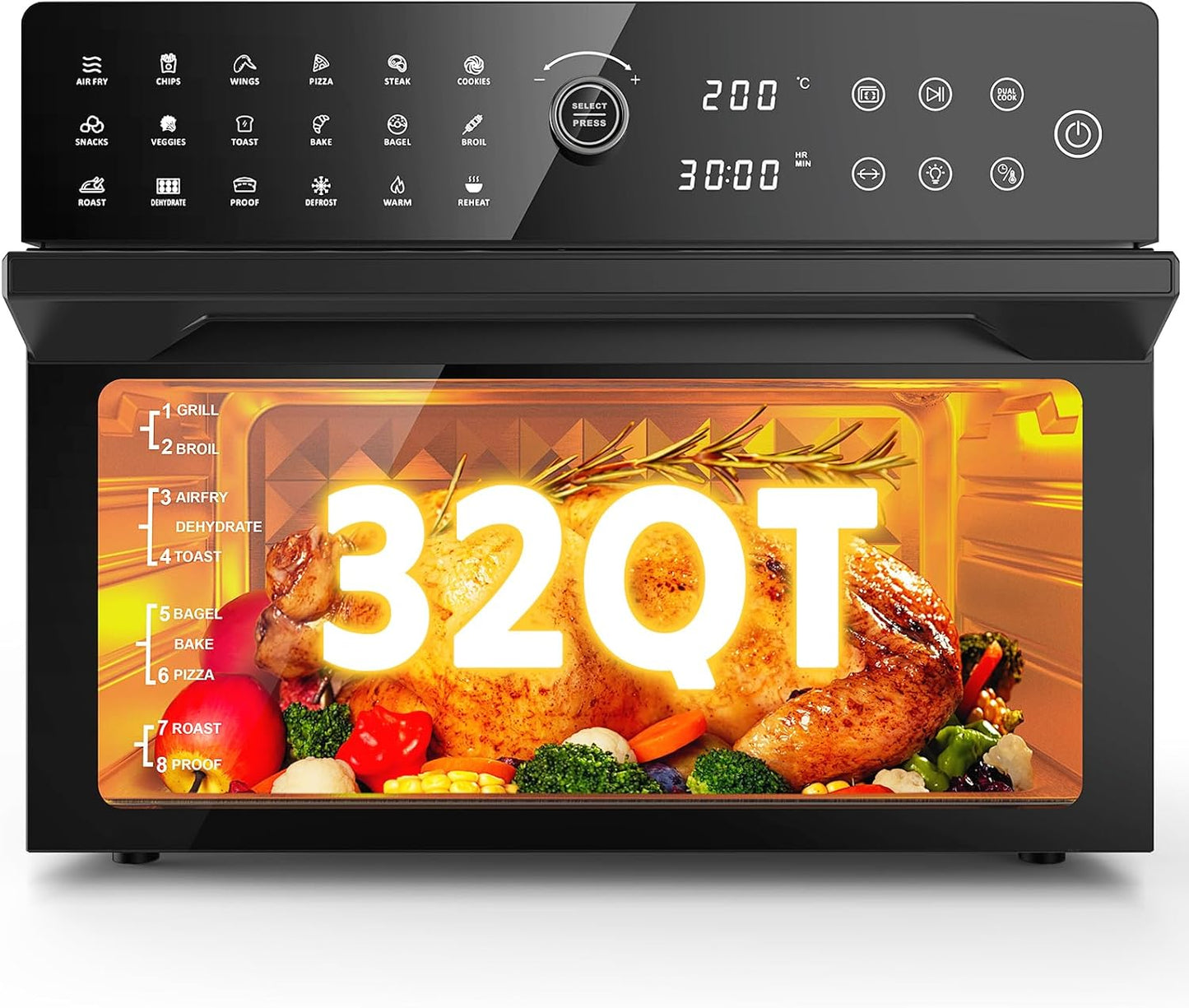 32QT Extra Large Air Fryer, Toaster Oven Air Fryer Combo, 360°Hot Air Circulation for Healthier Food, 1800W Preset Dual Cook, 13"Pizza Cooking, 20-in-1 Double-Rack Oven, 7-Accessory, Transparent Door