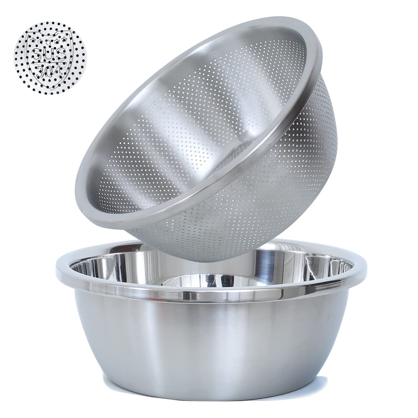 304 Stainless Steel Microporous Colander, 2.5QT Large Capacity with Mixing Bowl For washing vegetables, fruit and rice and for draining cooked pasta(2PC)