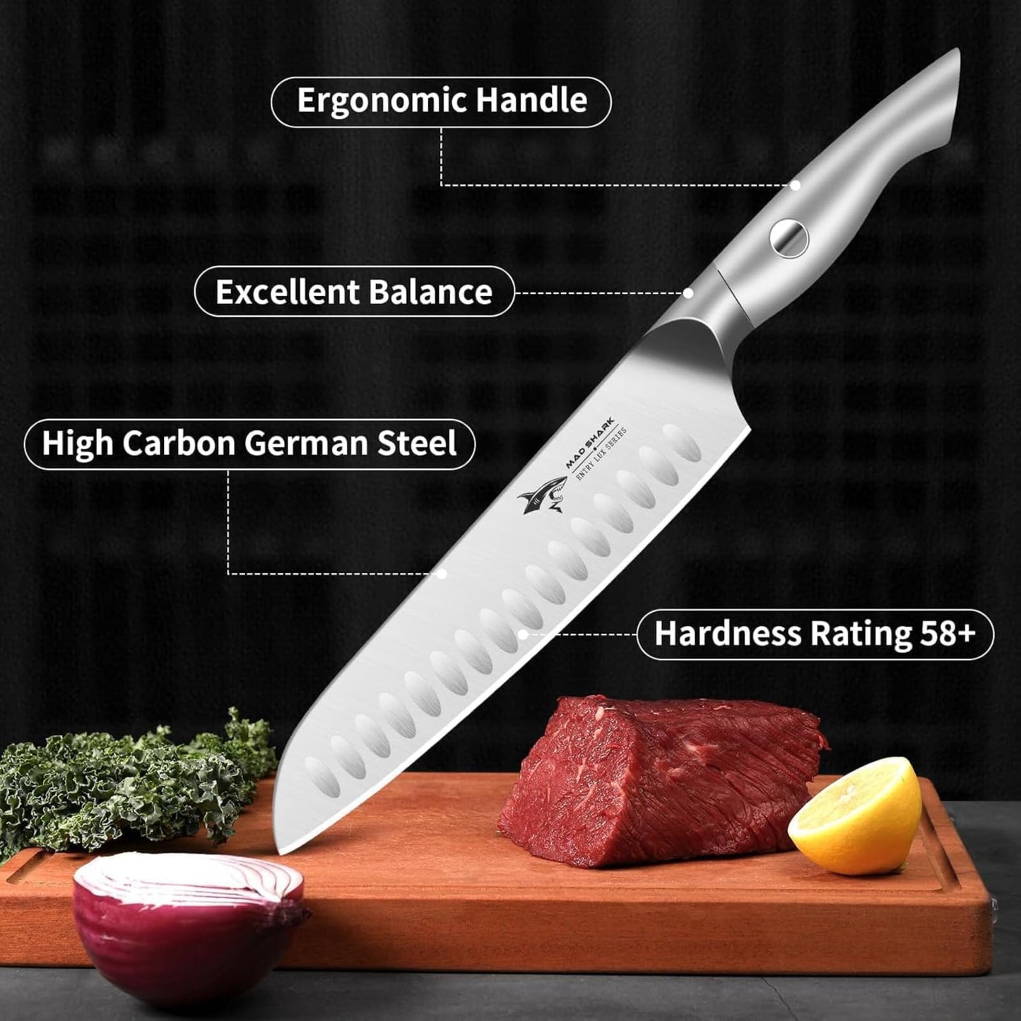 MAD SHARK 8 Inch Santoku Knife - Ultra Sharp Japanese Kitchen Knife, High Carbon German Steel, Ergonomic Handle - Ideal for Slicing, Dicing & Chopping - Unique Gift for Chefs, Men & Women (White)