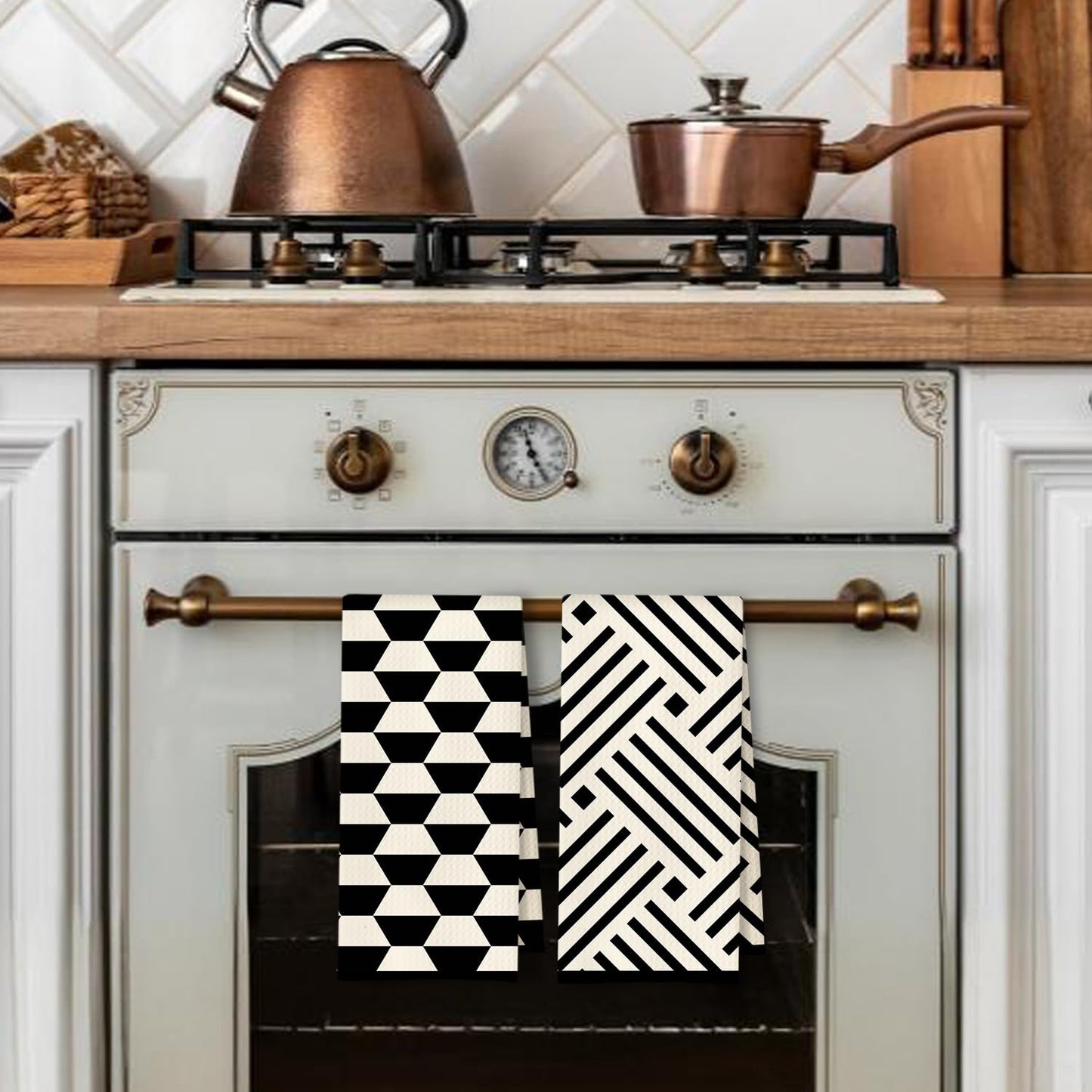 Beige and Black Moroccan Kitchen Towels, Boho Abstract Dish Tea Towels for Kitchen Decor, Retro Mid Century Modern Hand Towel for Bathroom Decor, 16x24 Inches