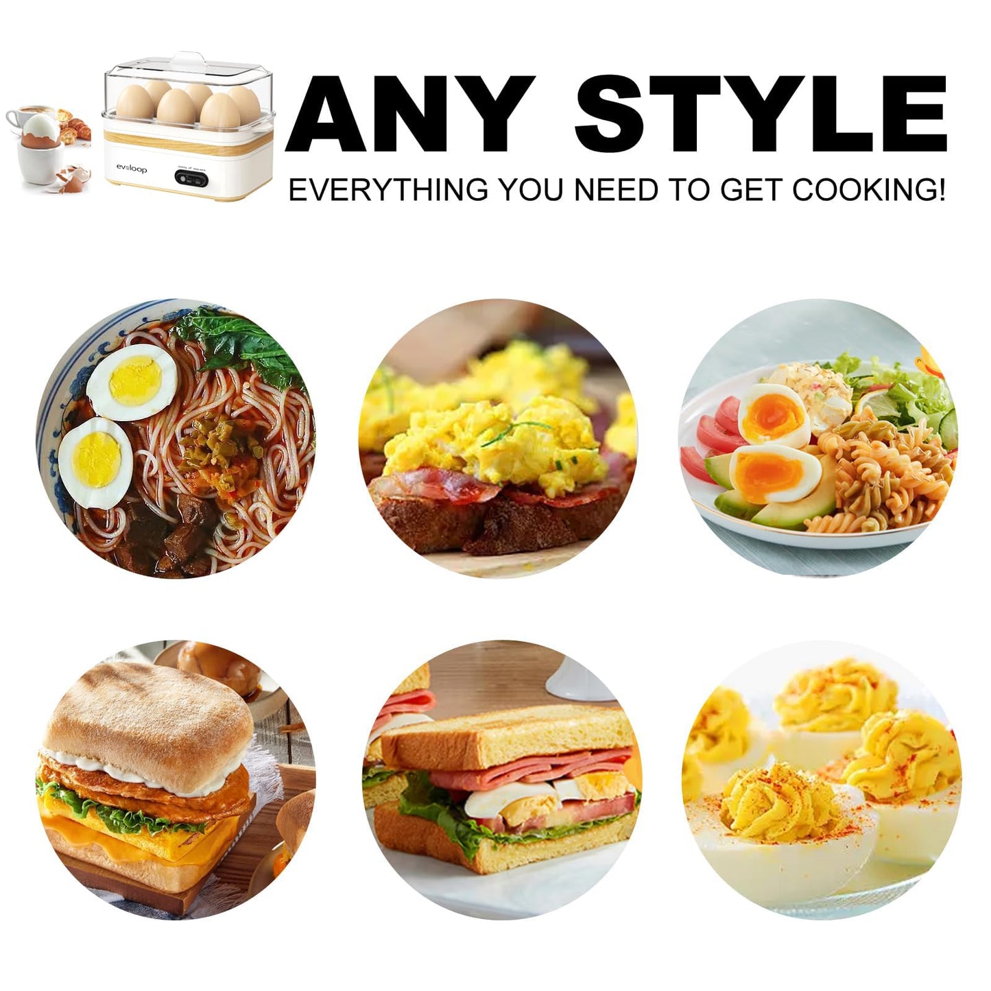 Evoloop Rapid Egg Cooker Electric 6 Eggs Capacity, Soft, Medium, Hard Boiled, Poacher, Omelet Maker Egg Poacher With Auto Shut-Off, BPA Free