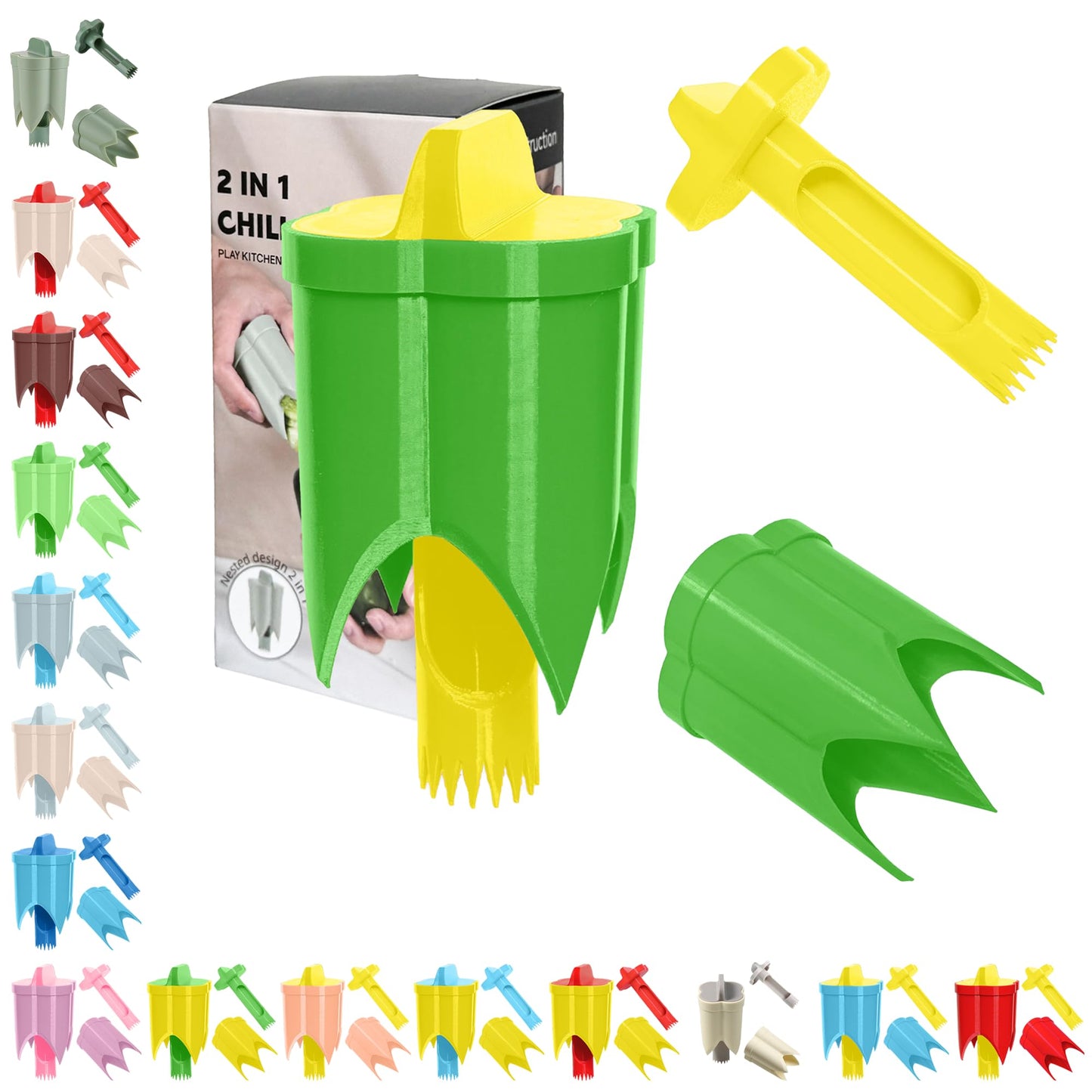 Pepper Corer, 2 in 1 Red Bell Pepper Seed Corer Remover Tool, Fruit & Vegetable Corers Quick Cave Tools for Jalapeno Cutter Deseeder, Blue Yellow, 3 PCS