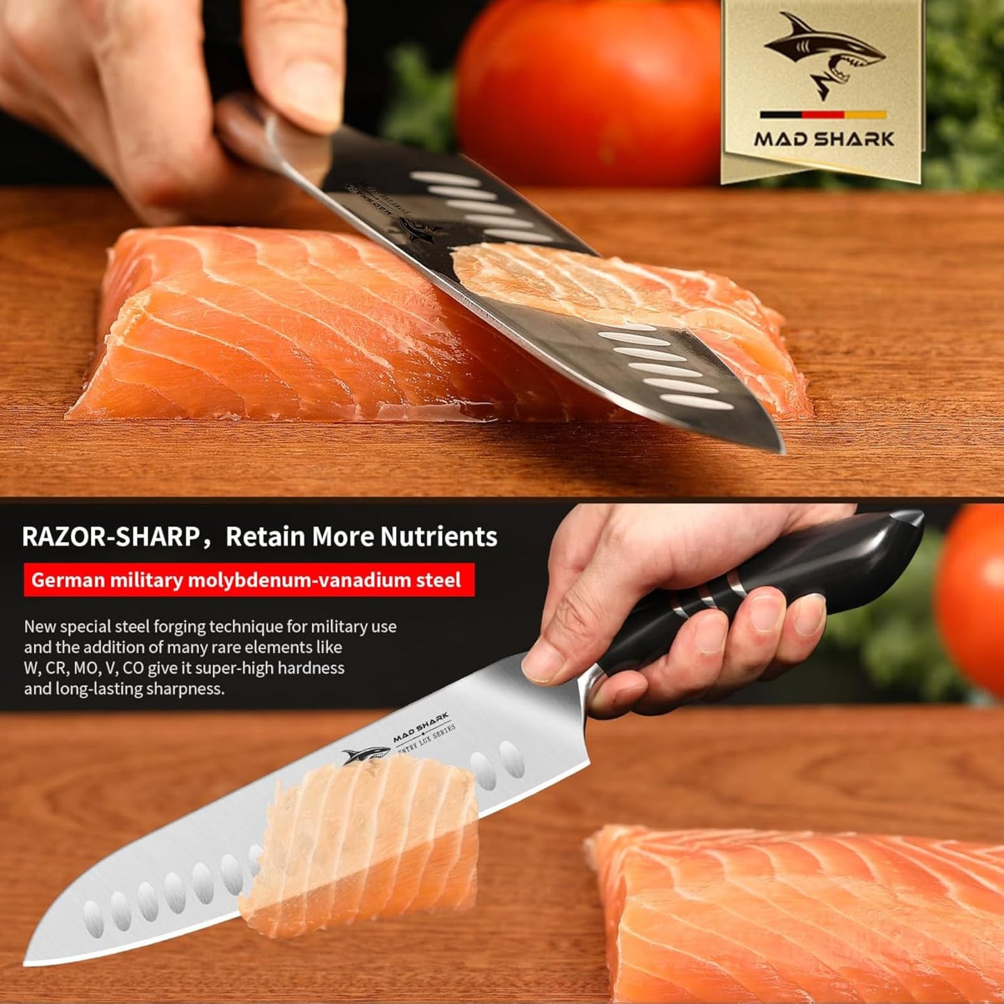MAD SHARK 8 Inch Santoku Knife - Ultra Sharp Japanese Kitchen Knife, High Carbon German Steel, Ergonomic Handle - Ideal for Slicing, Dicing & Chopping - Unique Gift for Chefs, Men & Women (White)