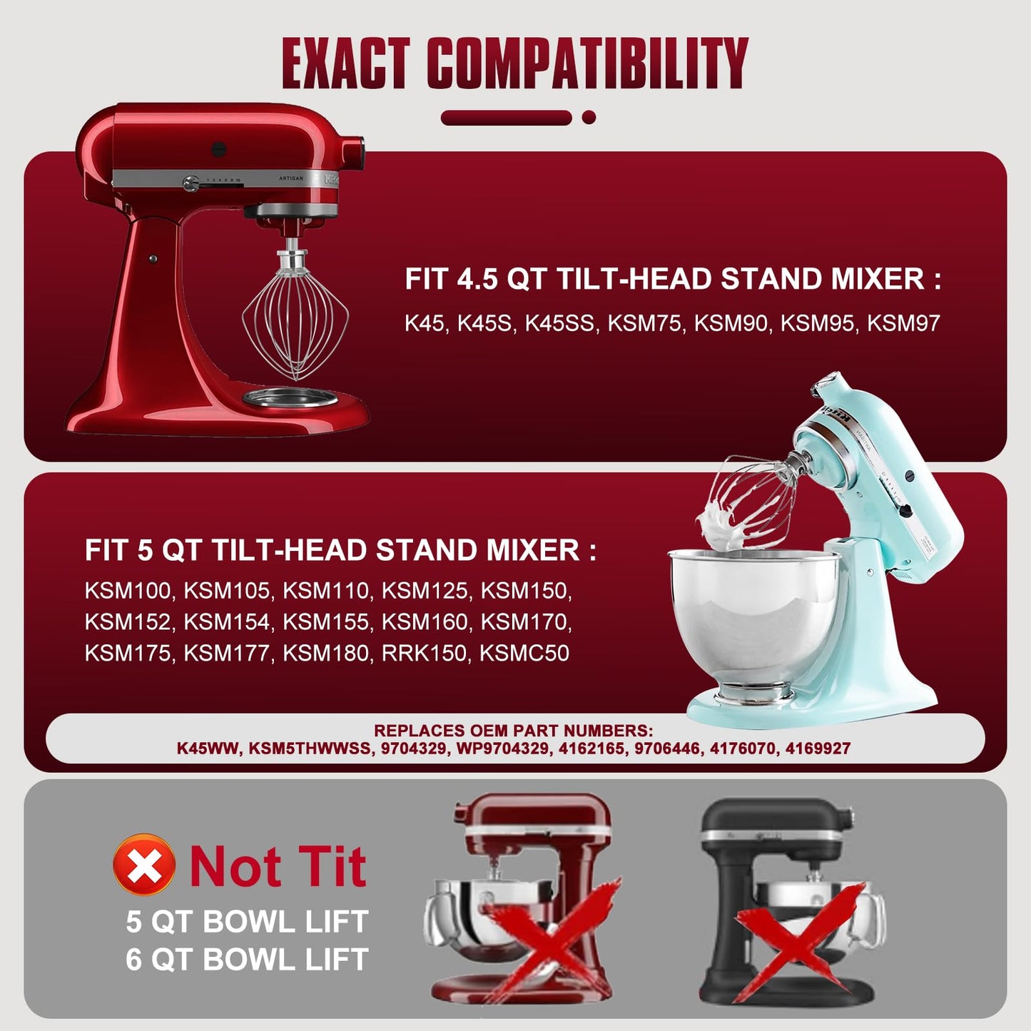 Whole Stainless Steel K45WW Whisk Attachment for KitchenAid 4.5-5 Tilt-Head Mixer, Dishwasher Safe Wire Whip for Kitchen Aid