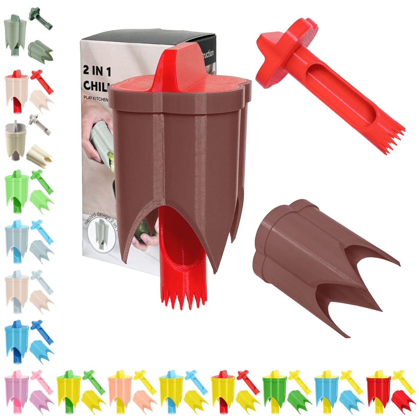 Pepper Corer, 2 in 1 Red Bell Pepper Seed Corer Remover Tool, Fruit & Vegetable Corers Quick Cave Tools for Jalapeno Cutter Deseeder, Blue Yellow, 3 PCS