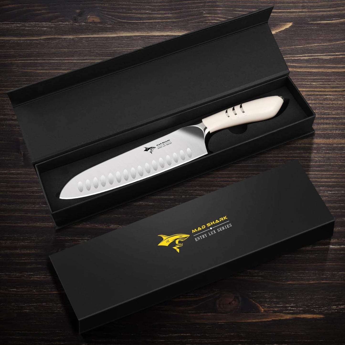 MAD SHARK 8 Inch Santoku Knife - Ultra Sharp Japanese Kitchen Knife, High Carbon German Steel, Ergonomic Handle - Ideal for Slicing, Dicing & Chopping - Unique Gift for Chefs, Men & Women (White)