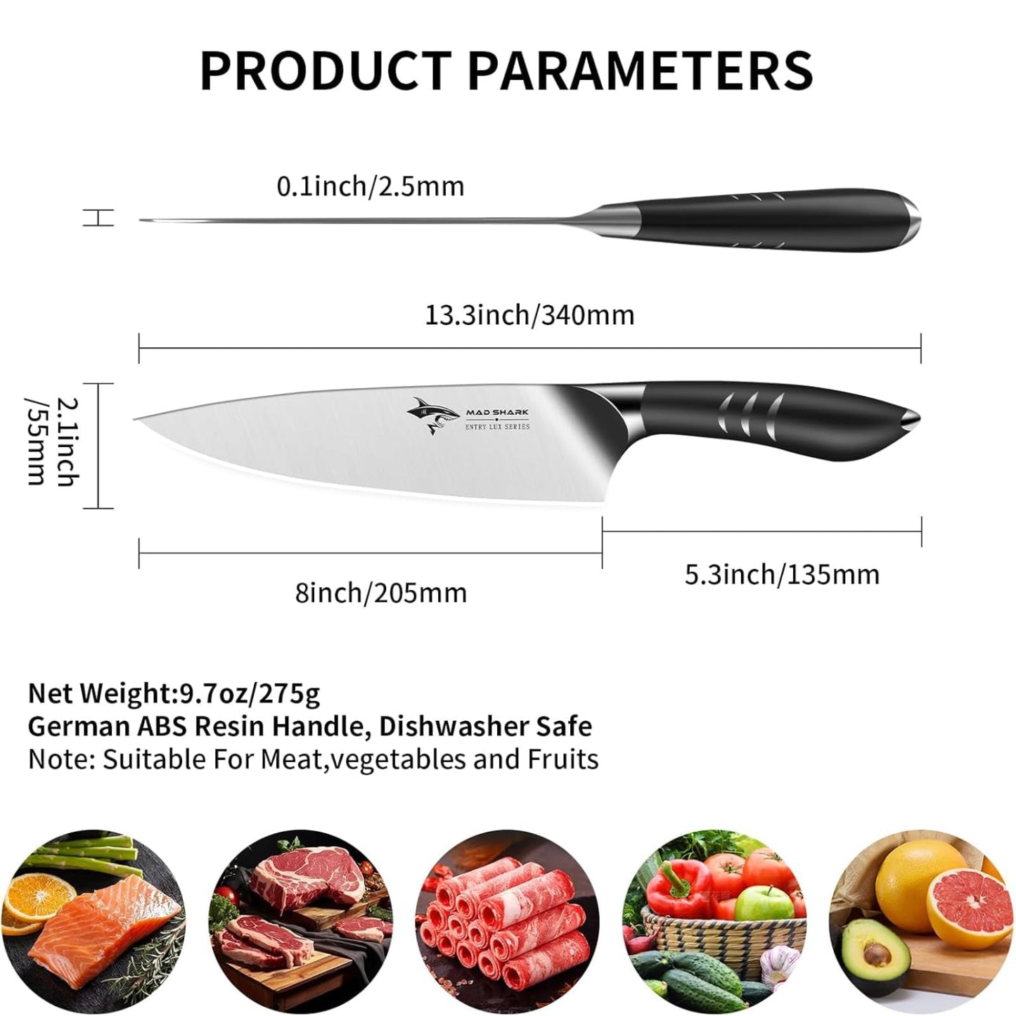 MAD SHARK Chef Knife 8 inch Chopping Knife High Carbon Stainless Steel Shark Chef's Knives with Ergonomic Handle, Cooking Knife with Gift Box, Birthday Gifts for Mom/Dad, Black