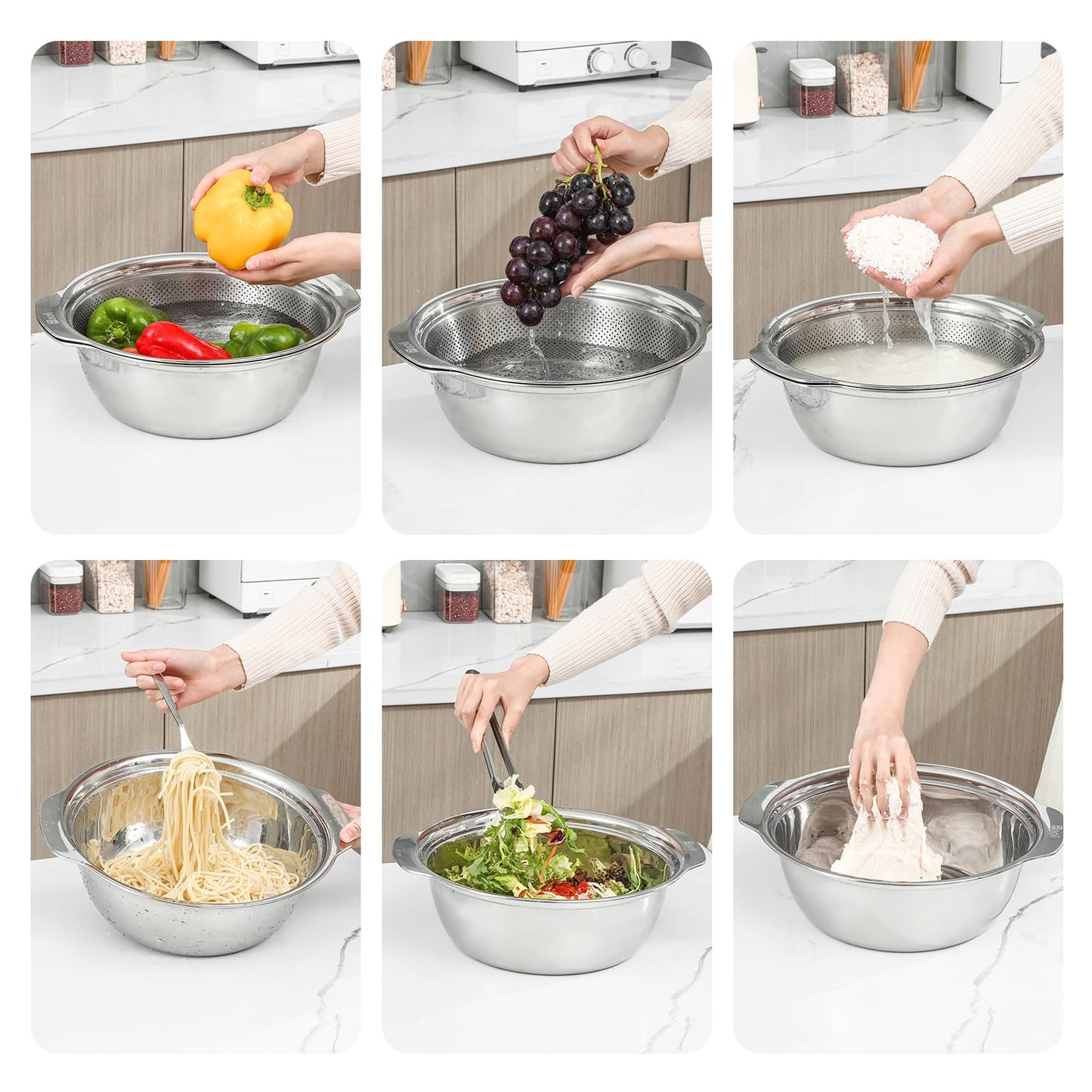 304 Stainless Steel Microporous Colander, 2.5QT Large Capacity with Mixing Bowl For washing vegetables, fruit and rice and for draining cooked pasta(2PC)