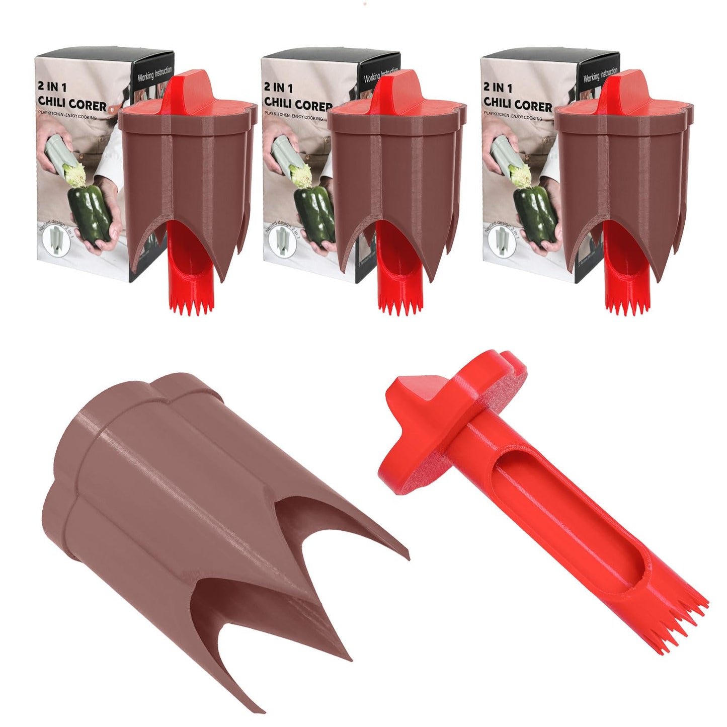 Pepper Corer, 2 in 1 Red Bell Pepper Seed Corer Remover Tool, Fruit & Vegetable Corers Quick Cave Tools for Jalapeno Cutter Deseeder, Blue Yellow, 3 PCS