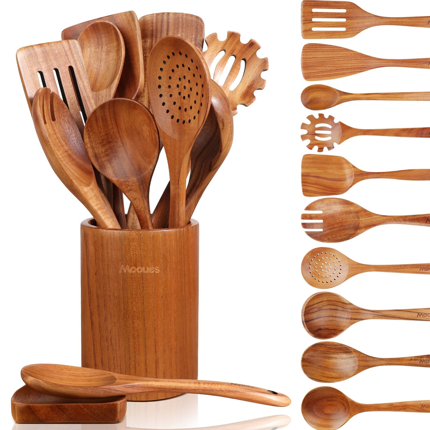9 Piece Natural Teak Wooden Kitchen Utensil Set with Spoon Rest - Comfort Grip Cooking Spoons and Utensils Holder