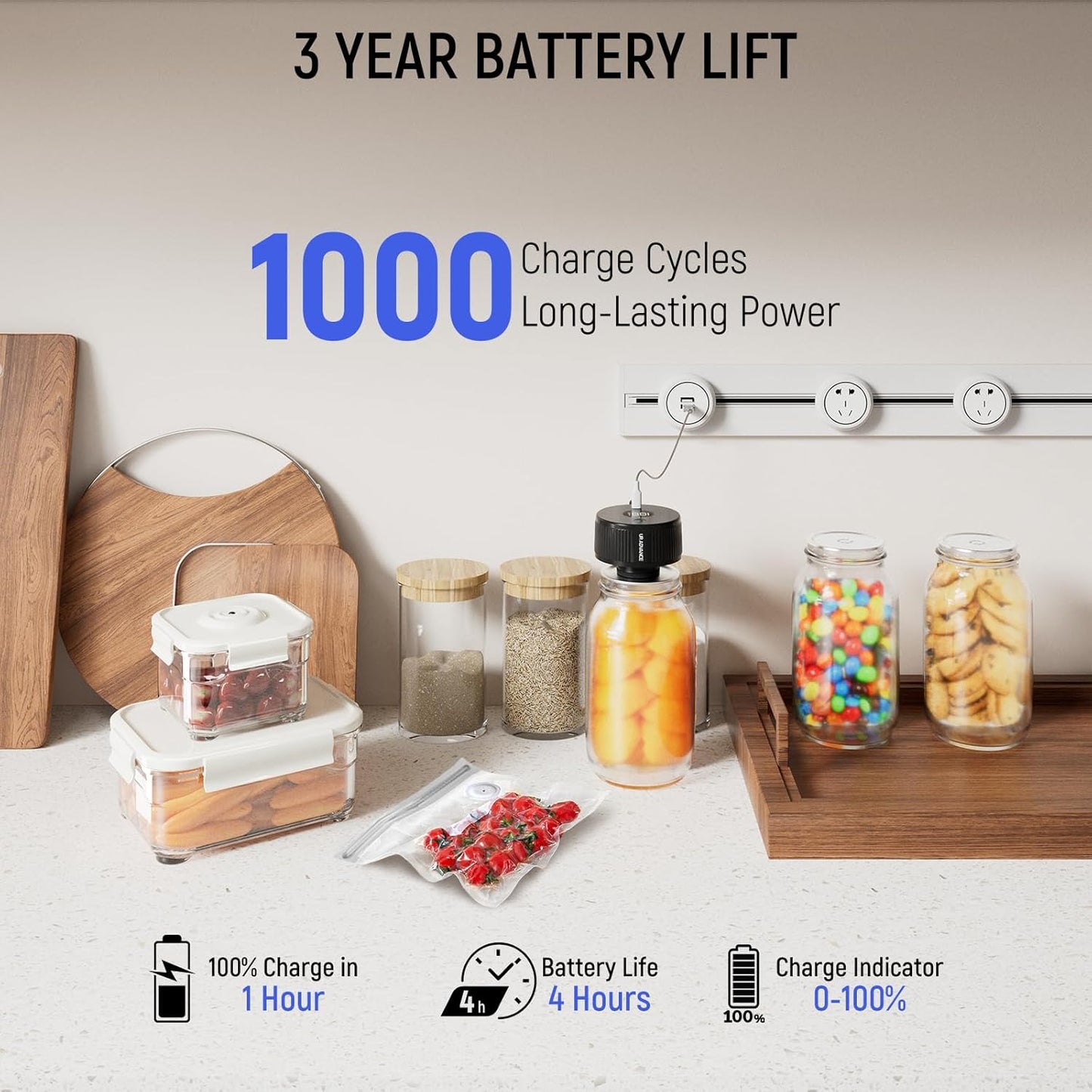 Upgraded 3-in-1 Electric Mason Jar Vacuum Sealer Kit for Jars, Bags, Food Savers & Containers | Auto-Stop Jar Sealer with 4-Hours Battery Life & One-Handed Operation for Dry Foods, Jams & Leftovers