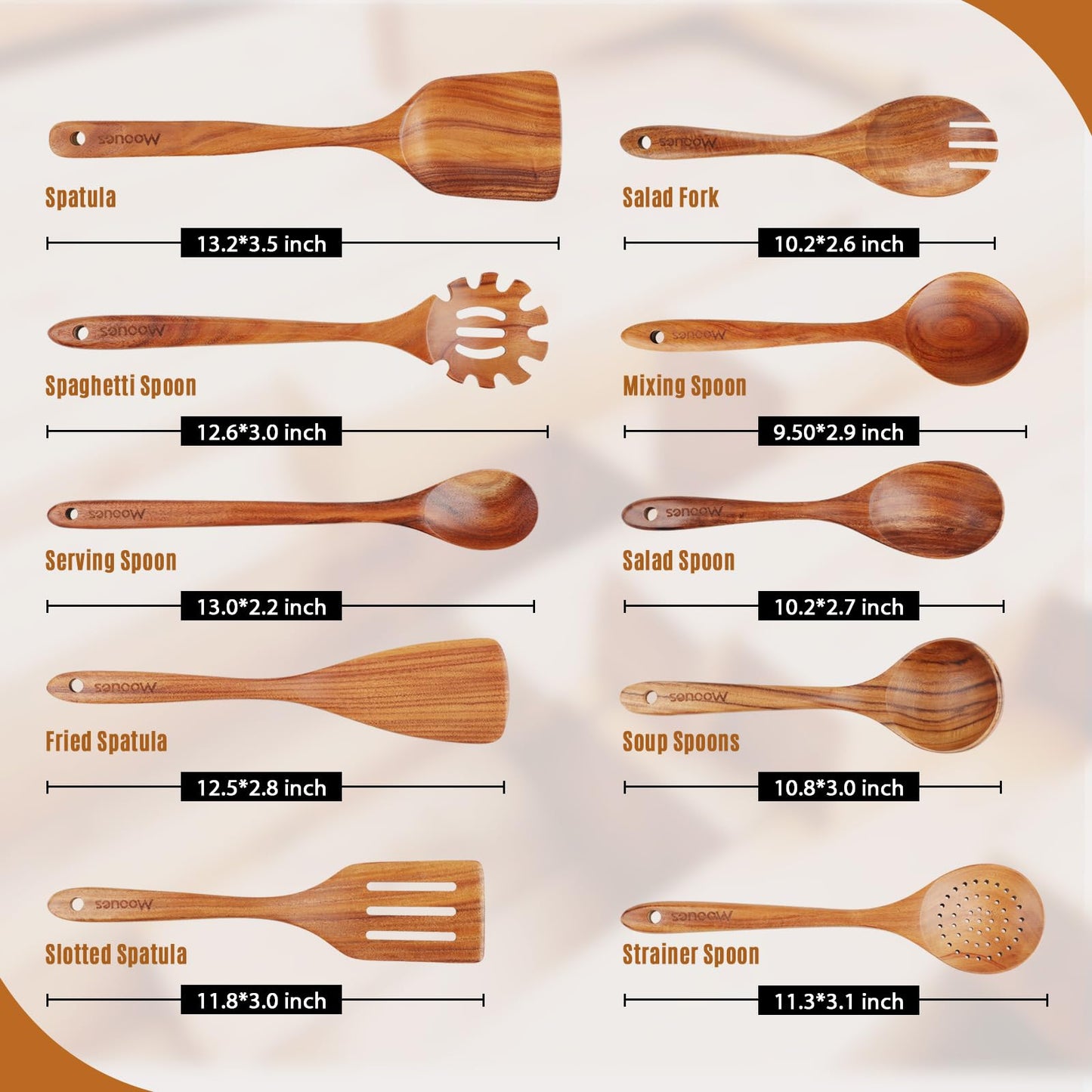 9 Piece Natural Teak Wooden Kitchen Utensil Set with Spoon Rest - Comfort Grip Cooking Spoons and Utensils Holder