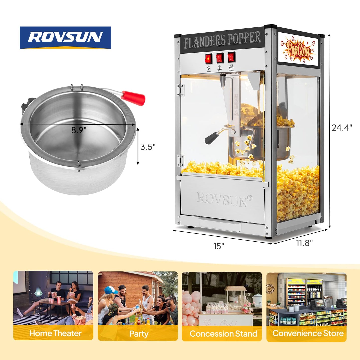 ROVSUN Popcorn Machine with 8 Ounce Kettle Makes Up to 32 Cups, Commercial Popcorn Machine Countertop Popcorn Maker w/Stainless Steel Scoop, Oil Spoon & 3 Popcorn Cups for Home Movie Theater, ETL