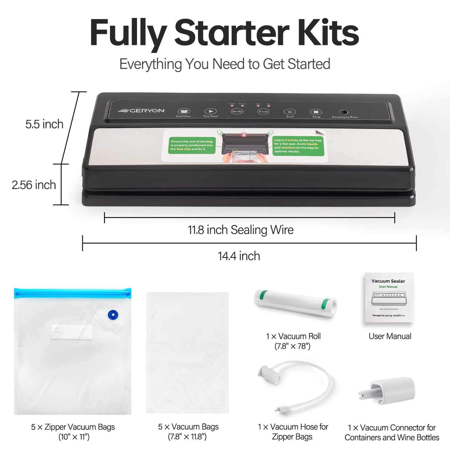 GERYON Vacuum Sealer Machine – Automatic Food Vacuum Sealer for Dry & Moist Food, Compact with LED Touch Panel, Includes Zipper Bags & Roll, Perfect for Sous Vide & Freezer Storage (Silver)