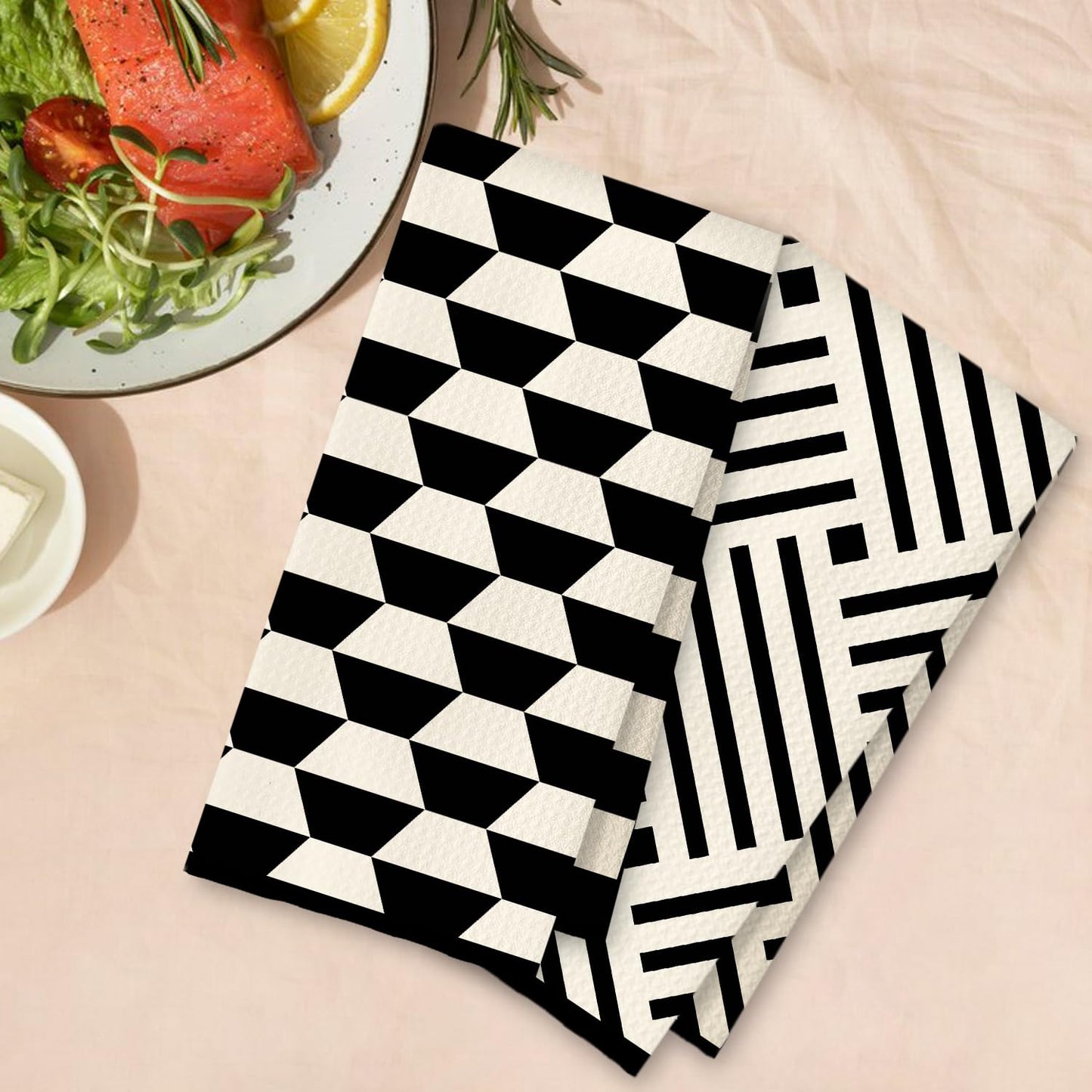 Beige and Black Moroccan Kitchen Towels, Boho Abstract Dish Tea Towels for Kitchen Decor, Retro Mid Century Modern Hand Towel for Bathroom Decor, 16x24 Inches