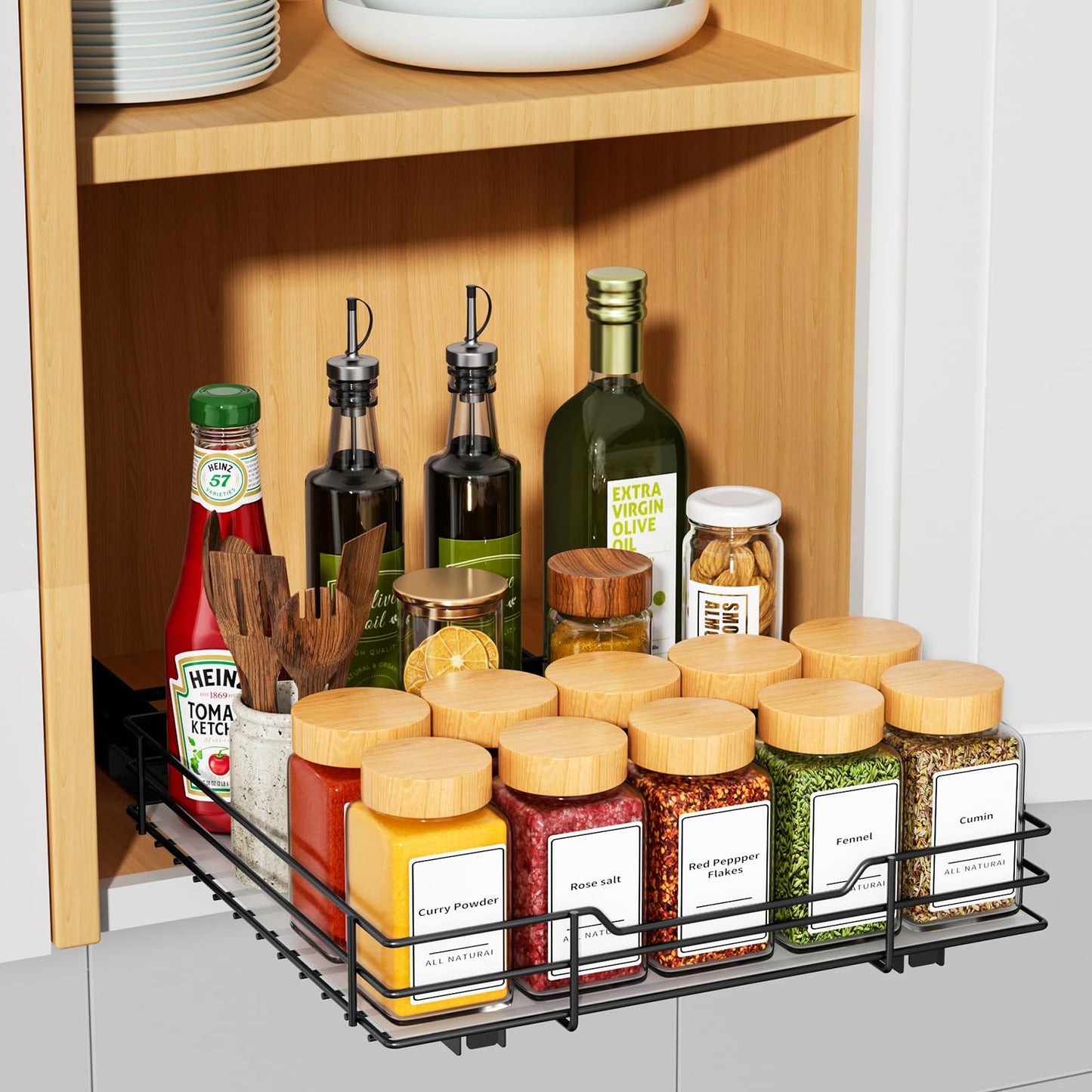 RCHYFEED Pull Out Spice Rack Organizer for Cabinet,Slide out Spice Organizer for Inside Cabinets,Heavy Duty Spice Organization for Kitchen and Pantry,Seasoning,Sauces(1-Tier,8.5" Wx10.5 Dx2.5 H)
