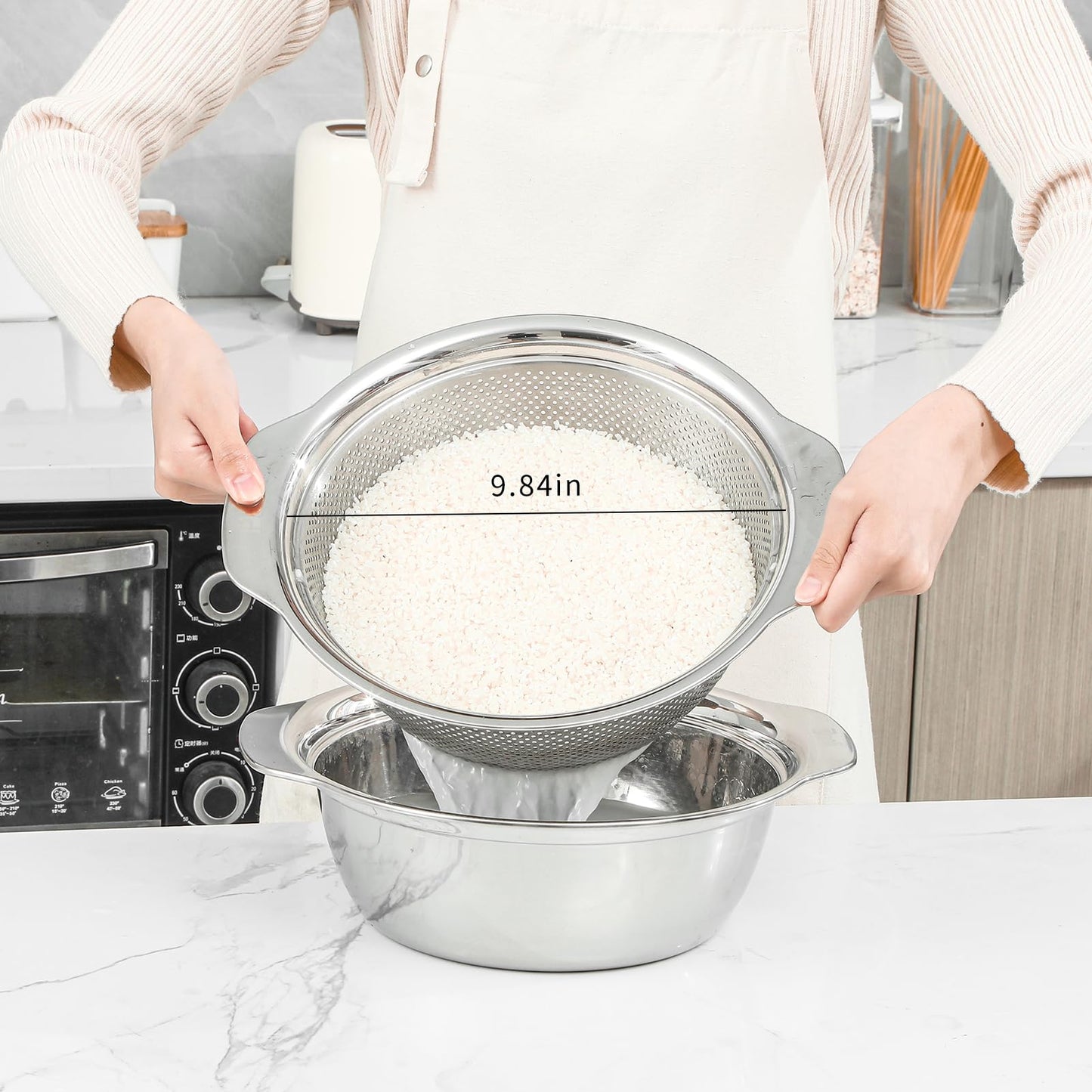 304 Stainless Steel Microporous Colander, 2.5QT Large Capacity with Mixing Bowl For washing vegetables, fruit and rice and for draining cooked pasta(2PC)