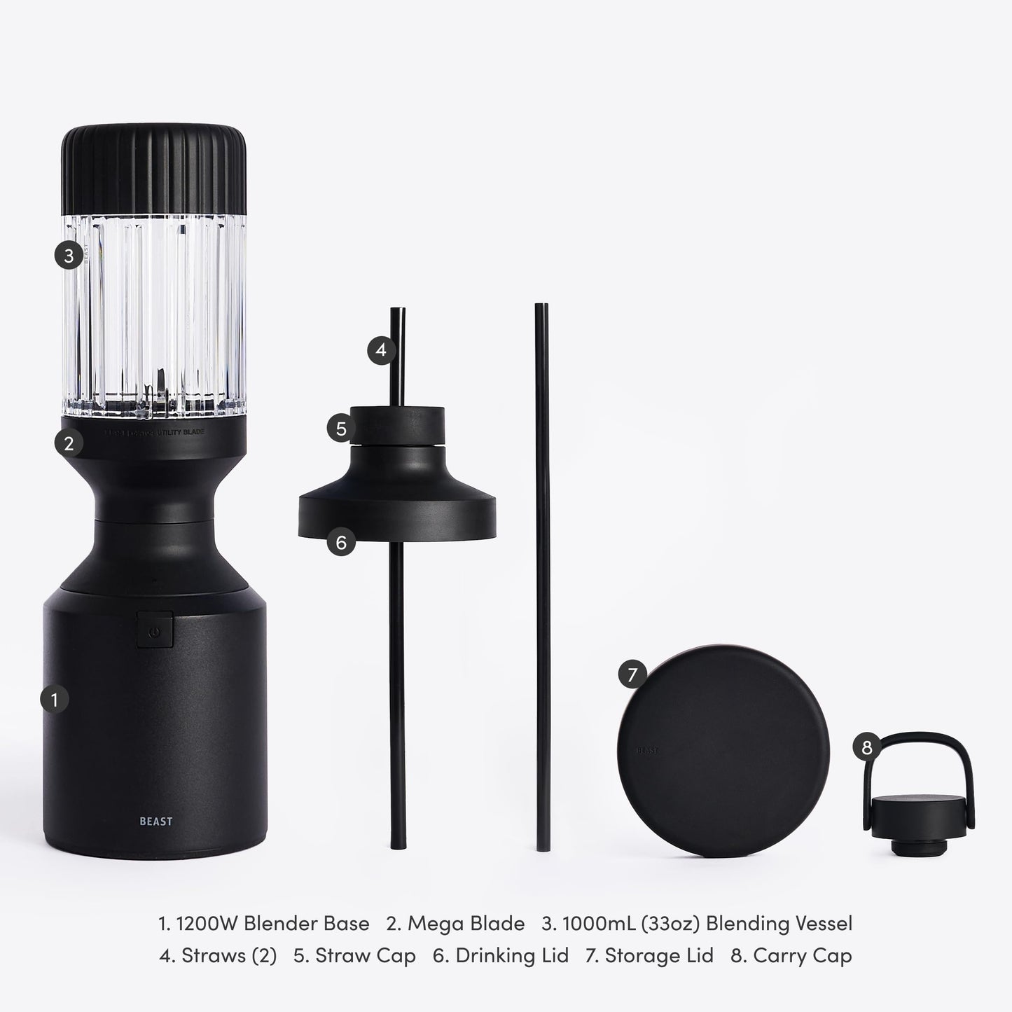 Beast Mega 1200 Plus | Premium Countertop Blender | Smoothies, Shakes, Sauces, Dips, Soups | Blends Ice and Frozen Fruit | XL Vessel | With Extra Vessels, Straw System | (Charcoal, 120V)