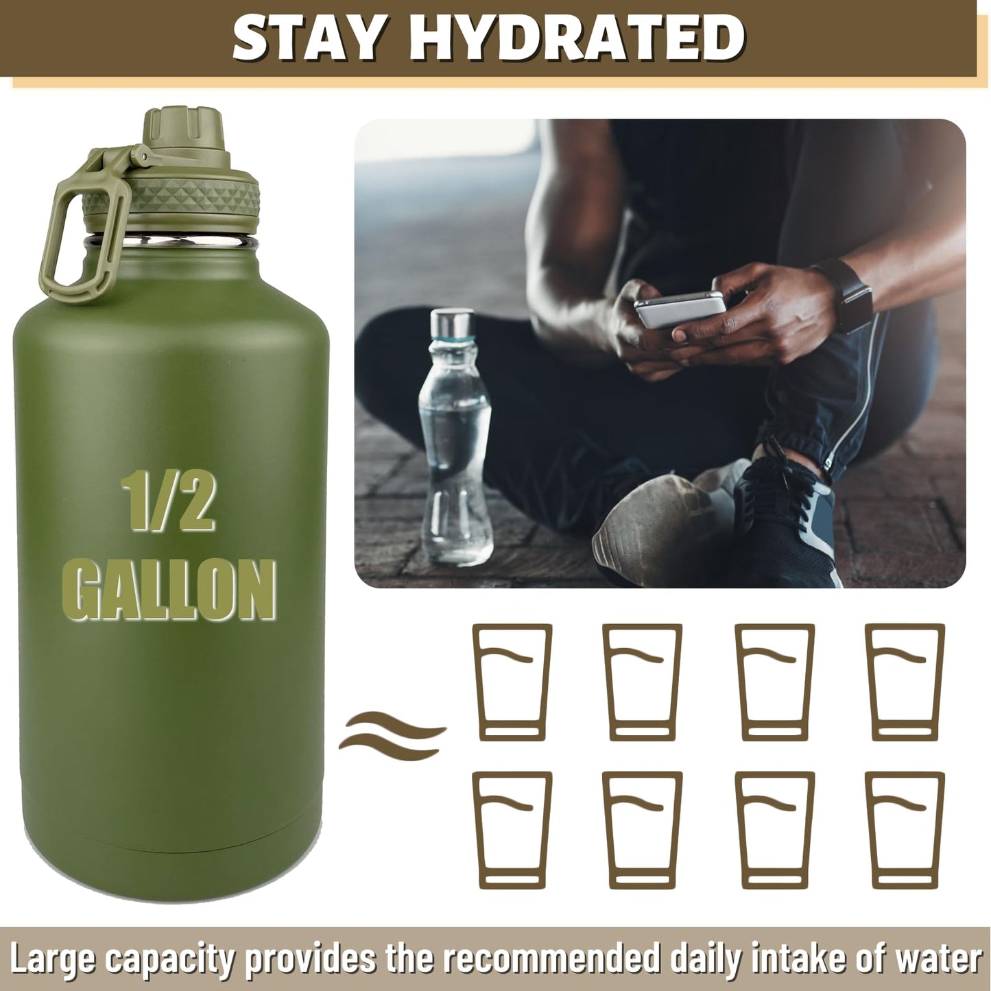 32 Oz Water Bottle with Sleeve - Insulated Bottle with Strap Stainless Steel Gym Water Bottles for Men Sports Workout Hiking All Black