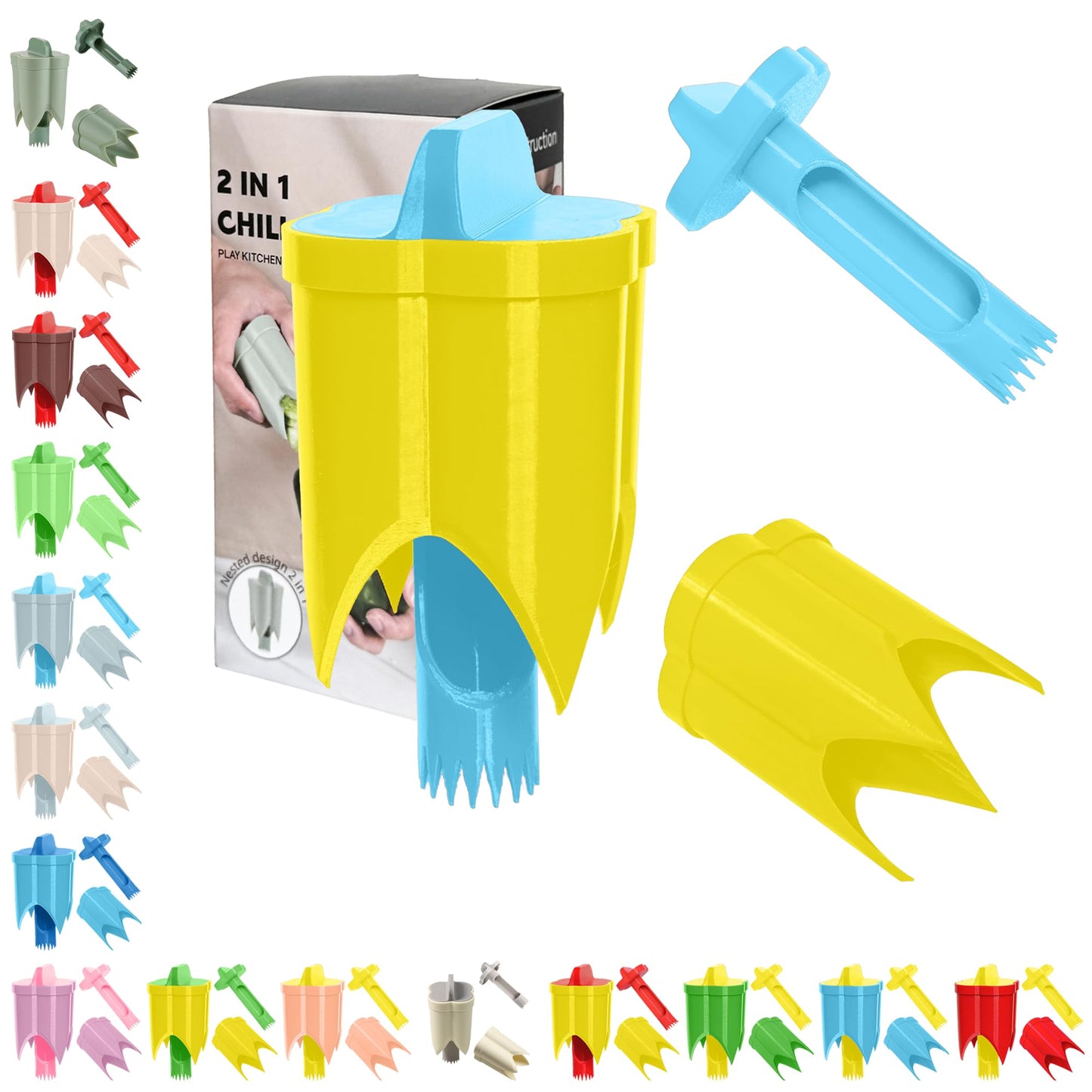 Pepper Corer, 2 in 1 Red Bell Pepper Seed Corer Remover Tool, Fruit & Vegetable Corers Quick Cave Tools for Jalapeno Cutter Deseeder, Blue Yellow, 3 PCS