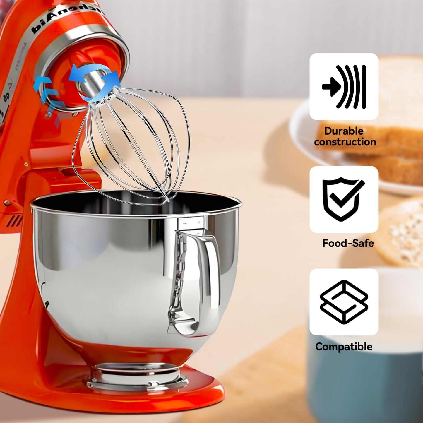 Whole Stainless Steel K45WW Whisk Attachment for KitchenAid 4.5-5 Tilt-Head Mixer, Dishwasher Safe Wire Whip for Kitchen Aid