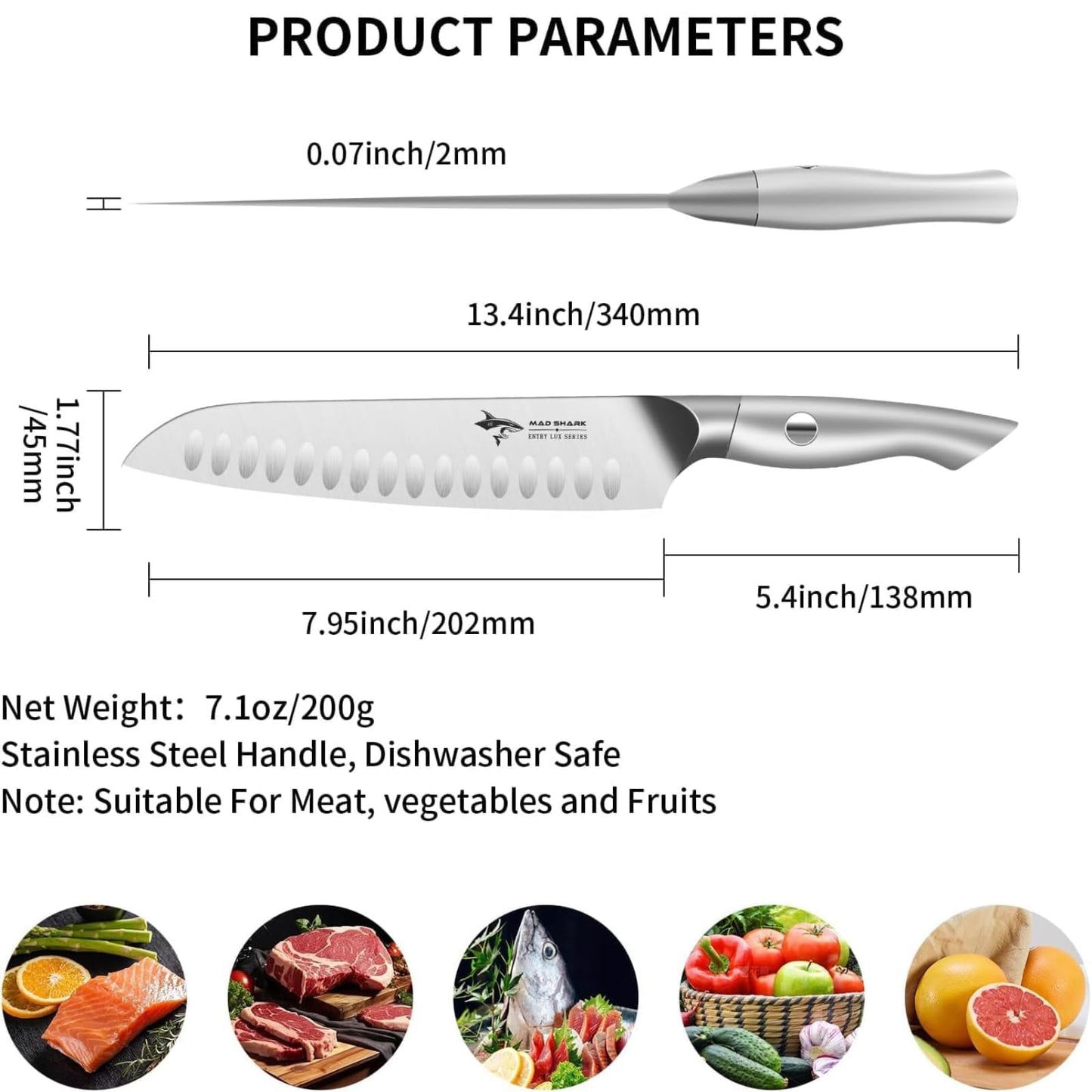 MAD SHARK 8 Inch Santoku Knife - Ultra Sharp Japanese Kitchen Knife, High Carbon German Steel, Ergonomic Handle - Ideal for Slicing, Dicing & Chopping - Unique Gift for Chefs, Men & Women (White)
