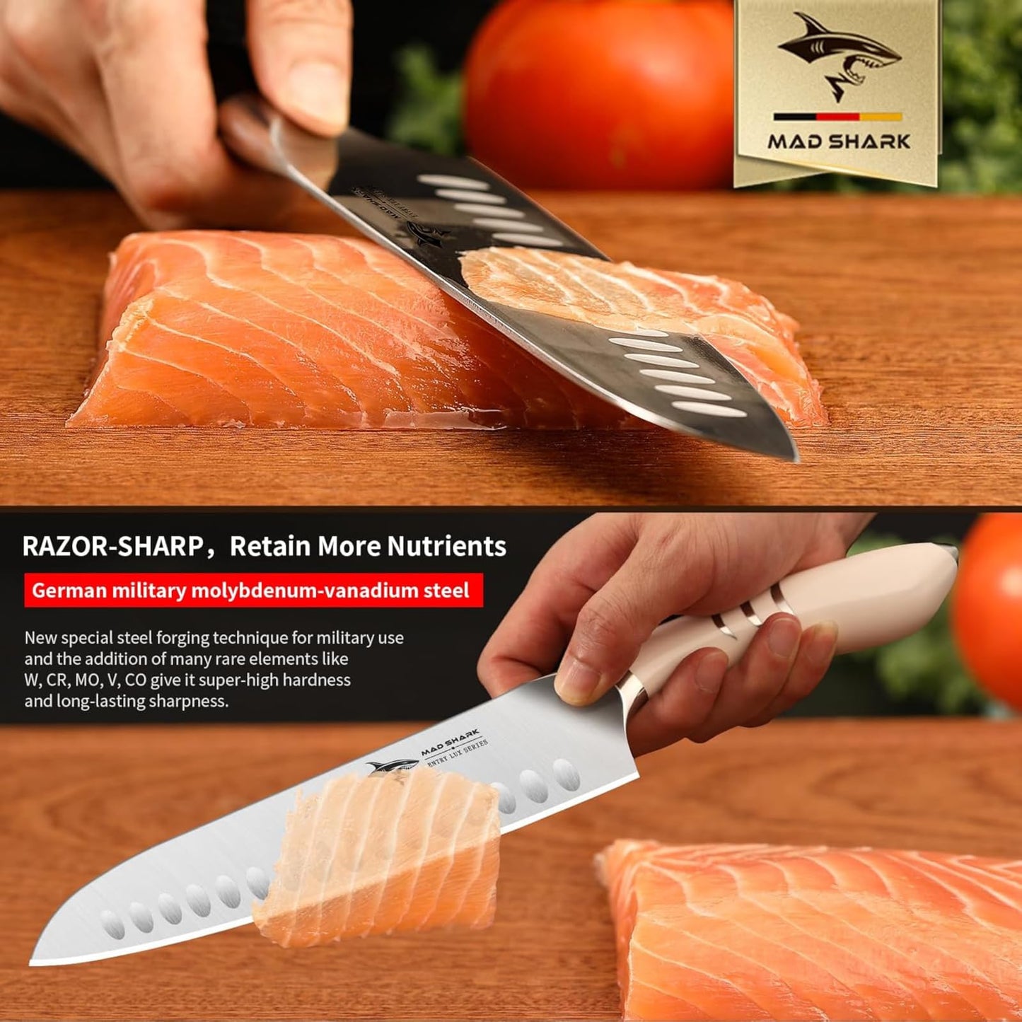MAD SHARK 8 Inch Santoku Knife - Ultra Sharp Japanese Kitchen Knife, High Carbon German Steel, Ergonomic Handle - Ideal for Slicing, Dicing & Chopping - Unique Gift for Chefs, Men & Women (White)