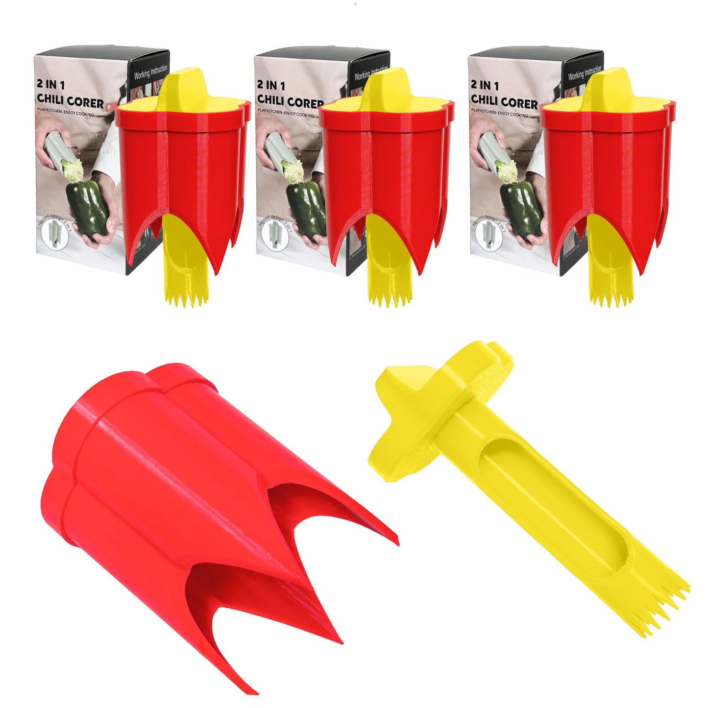 Pepper Corer, 2 in 1 Red Bell Pepper Seed Corer Remover Tool, Fruit & Vegetable Corers Quick Cave Tools for Jalapeno Cutter Deseeder, Blue Yellow, 3 PCS