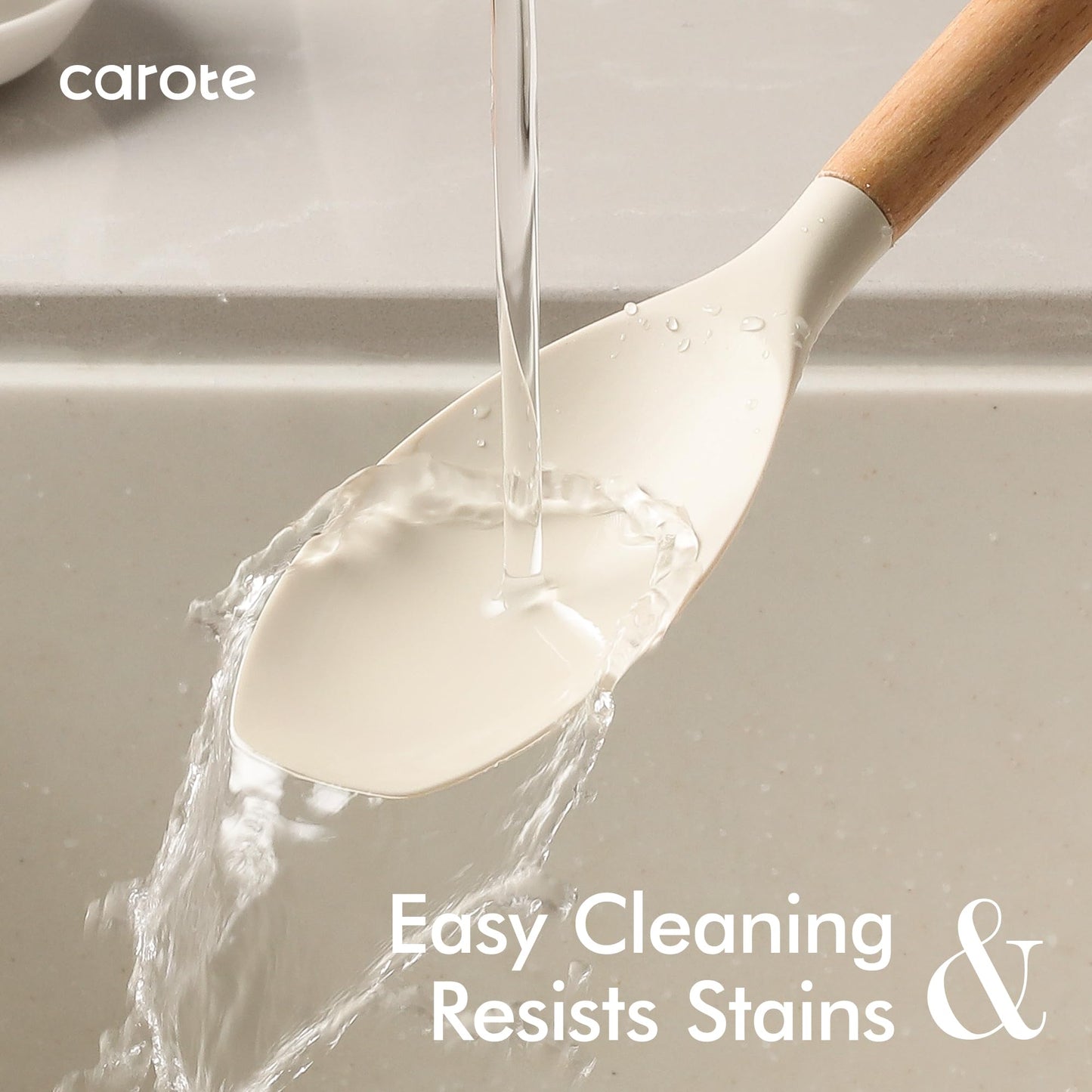 CAROTE Silicone Cooking Utensils Set, Kitchen Utensils Set 10 Pcs for cooking, BPA Free Spatula Set with Heat Resistant Wood Handles for Nonstick Cookware (Cream White)